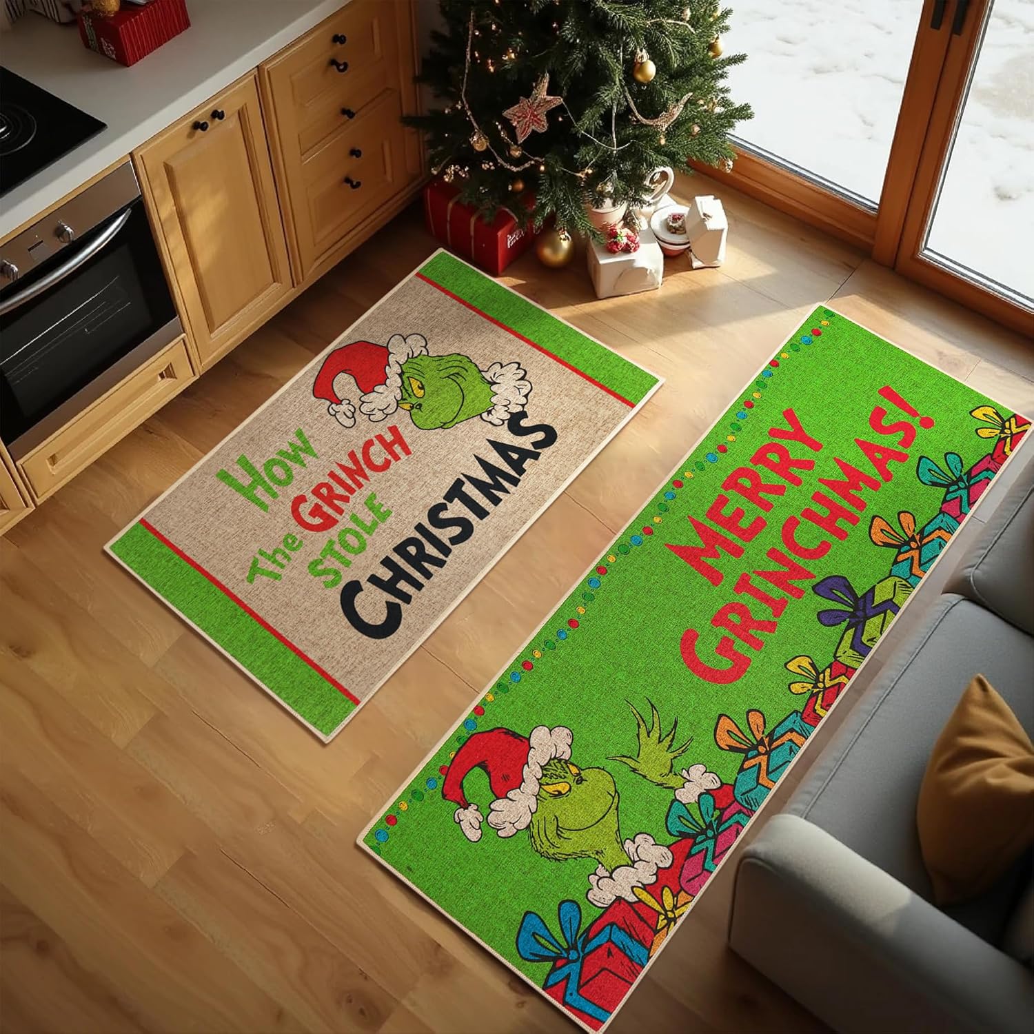 Merry Christmas Kitchen Rugs And Mats Set, Xmas Indoor Floor Mats For Winter, Merry Christmas (17"x47" 17"x30