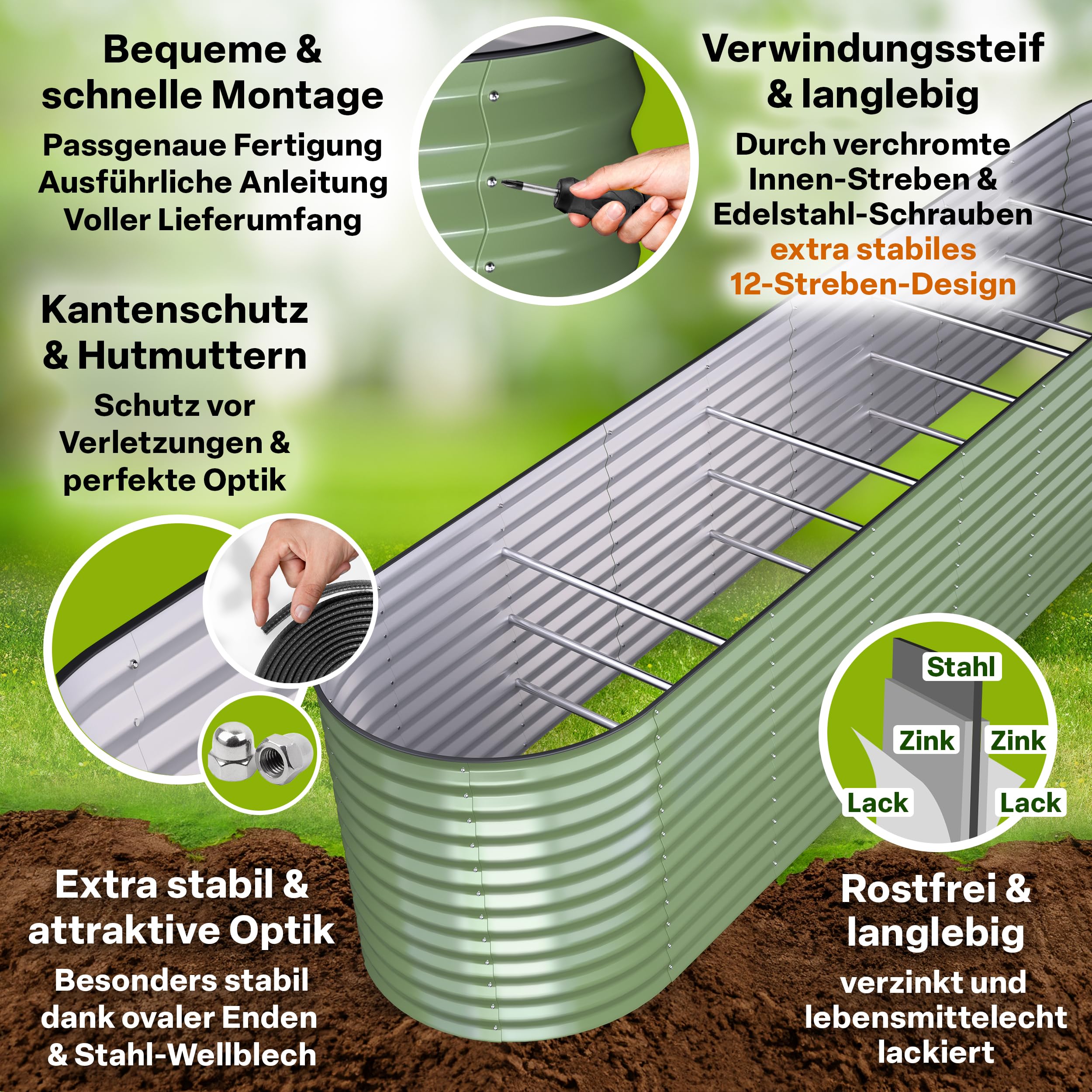 TTL GARDEN 400x80x80cm Nature XXL Metall Hochbeet Salbeigrün Stahl verzinkt | - Rostfrei verzinkt lackiert Wellblech oval 80cm hoch sehr stabil Garten Beet für Gemüse Kräuter Blumen Gartenbeet Gemüsebeet