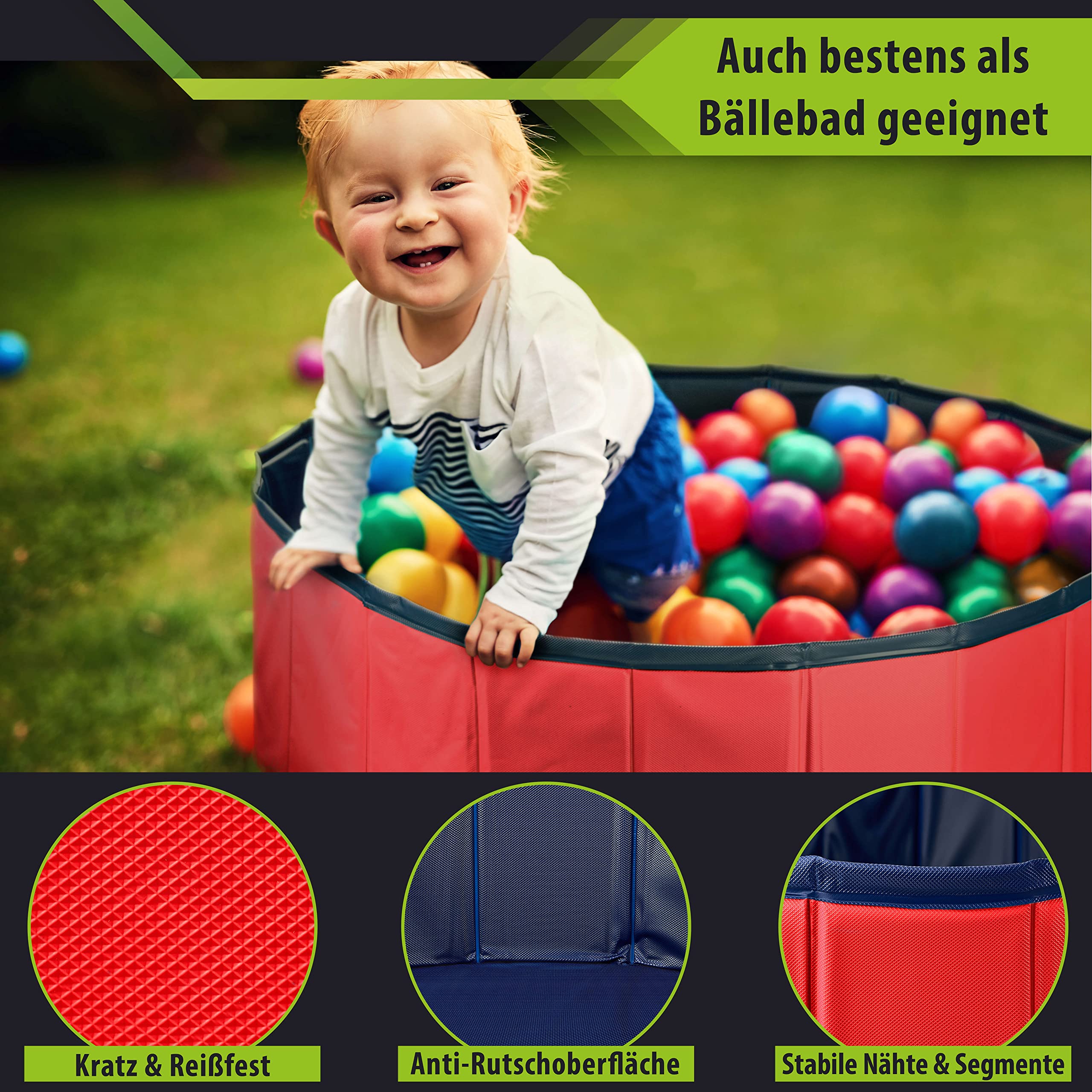 Stabiler Hundepool | Planschbecken für Hunde | Faltbarer Pool mit Ablassventil | rutschfeste Badewanne | Bällebad Kinder | Bälle Bad inkl. Badebürste & Reparaturset - Dog Pool 120x30 (Red)