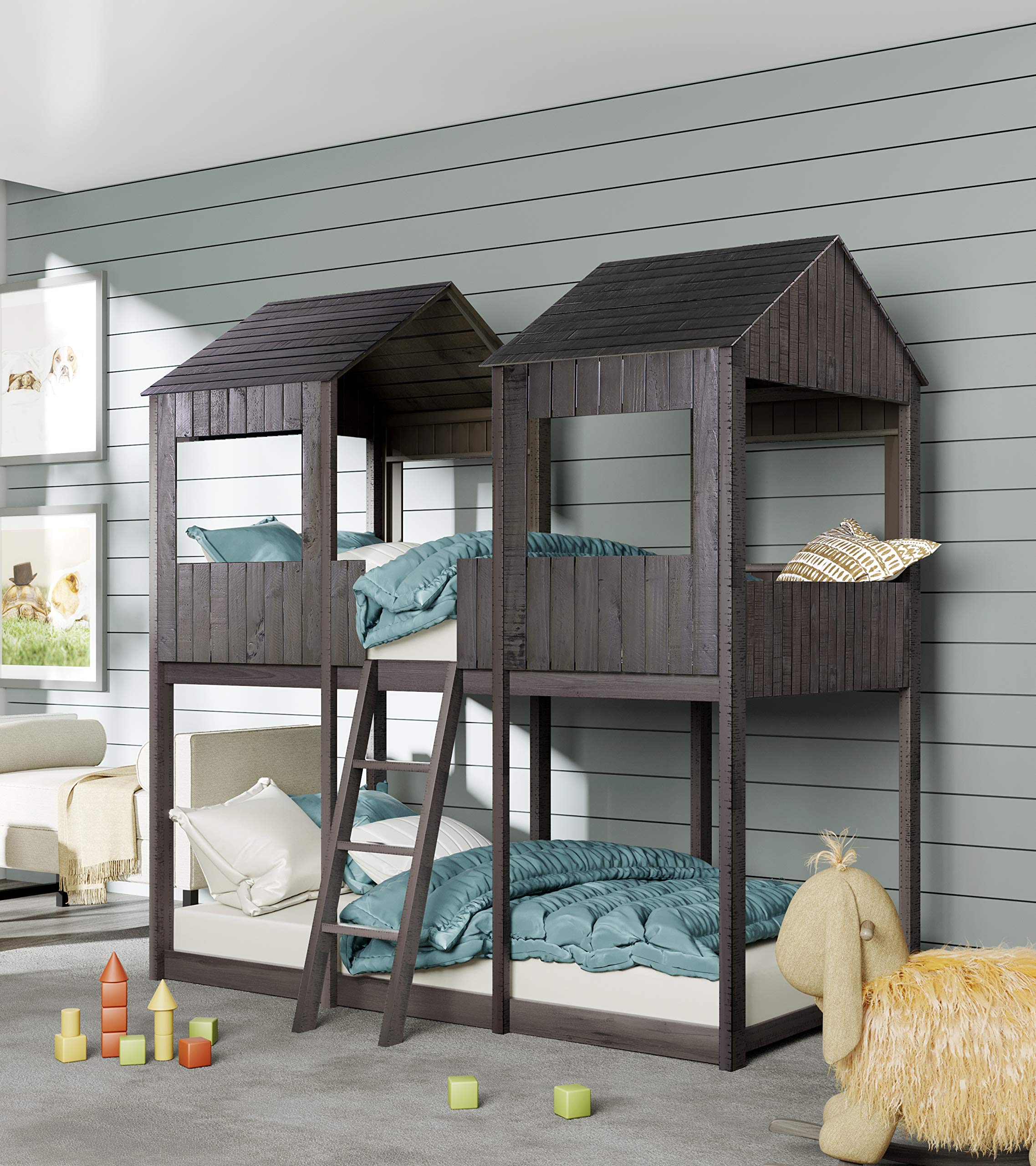 LZ LEISURE ZONE Full Over Full Bunk Bed, Wood Full House Bed Loft Bed Bedroom Furniture with Roof, Window, Guardrail, Ladder for Kids/Teens/Girls/Boys (Antique Grey)