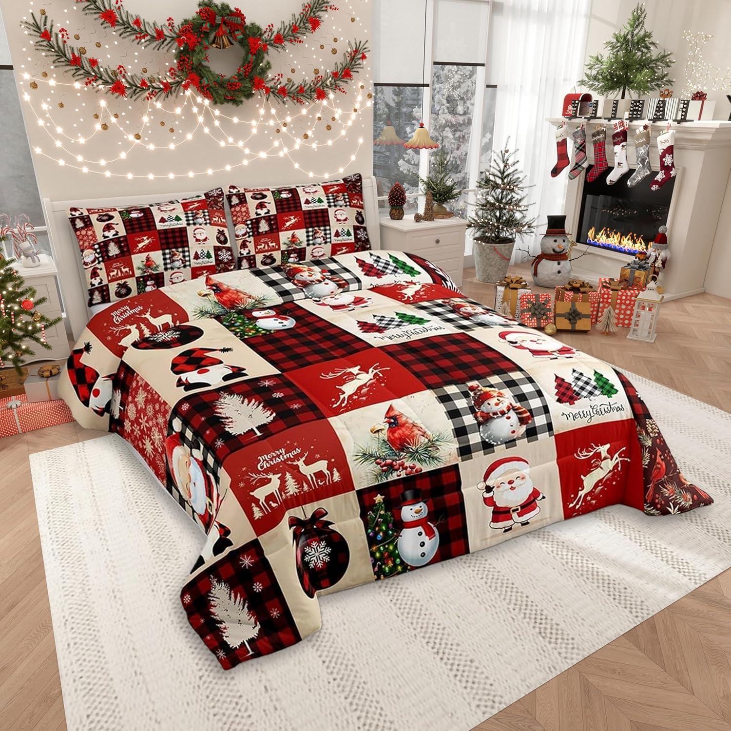 Christmas Comforter Set King Size,Red Plaid Holiday Design Bedding Set 3pcs,Snowman Santa Claus New Year Patchwork Down Comforter for All Season, Kids Boys Girls Room Decor,2 Pillowcases,No Sheets