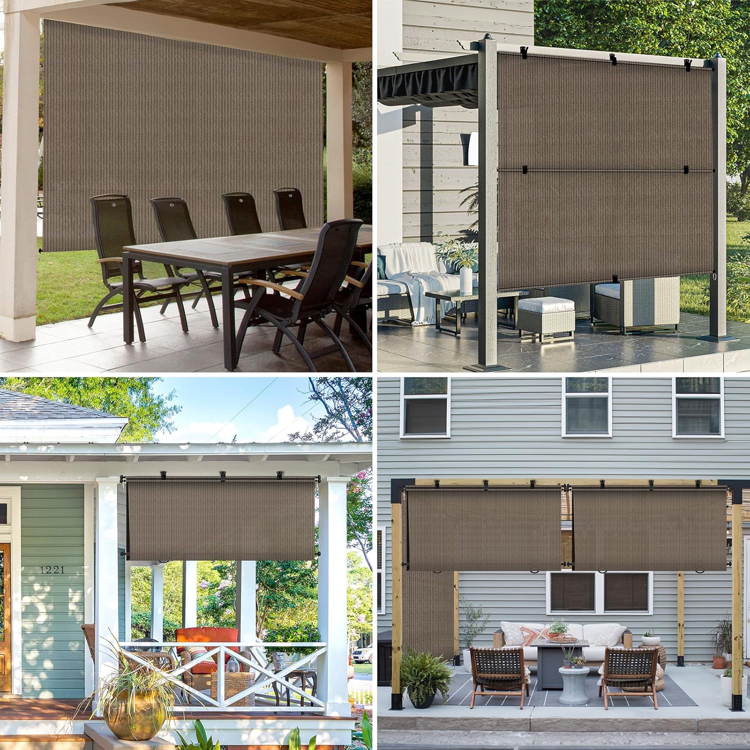 Outdoor Roller Shades 4' W x 6' H Patio Cordless Roll Up Shades Blackout Blinds Exterior Sun Shade Privacy Screen for Home, Office, Gazebo, Porch, Deck, Pergola, Balcony, Brown