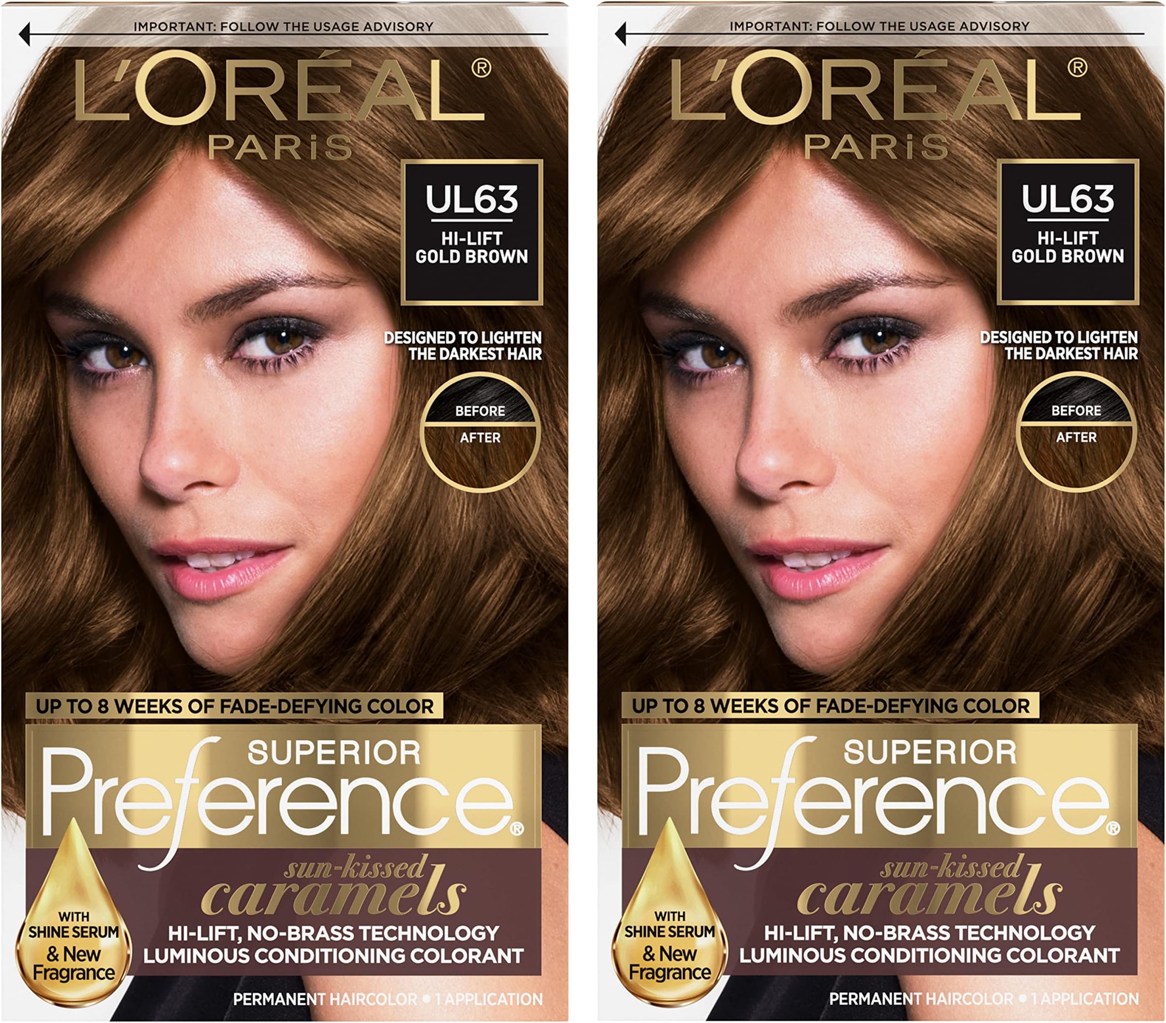 L'Oreal Paris Superior Preference Fade-Defying + Shine Permanent Hair Color, U163 Hi-Lift Golden Brown, Pack of 2, Hair Dye