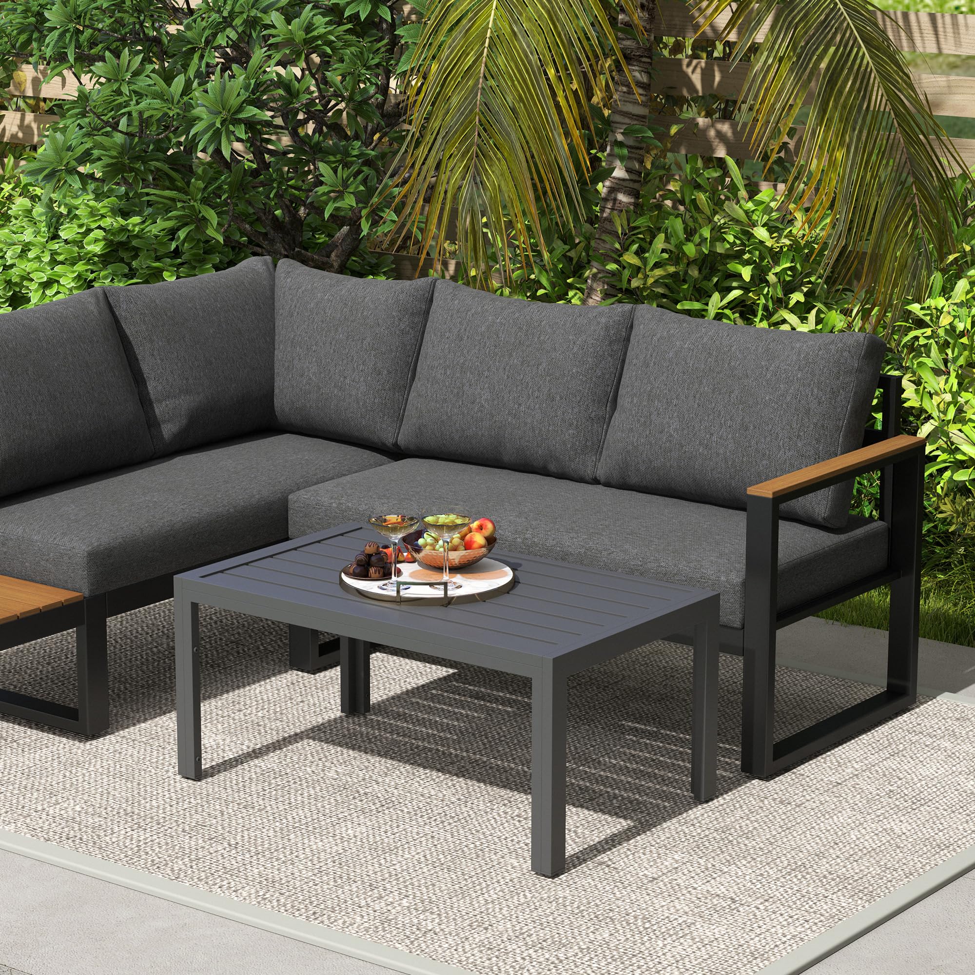 Outsunny Table Basse de Jardin Table d'appoint de Patio rectangulaire avec Cadre en Acier et Plateau à Lattes, pour extérieur, terrasse, Balcon, 101,5 x 61 x 46 cm, Gris