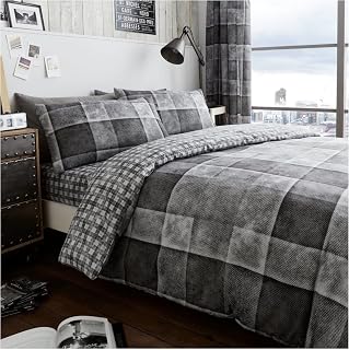 VELVETIO Denim Check Beddings Duvet Cover and Pillowcases, Soft Reversible Tartan Checked Quilt, Breathable Printed Blocks Checkered Lightweight Bed linen Comforter Set, King Size, Grey