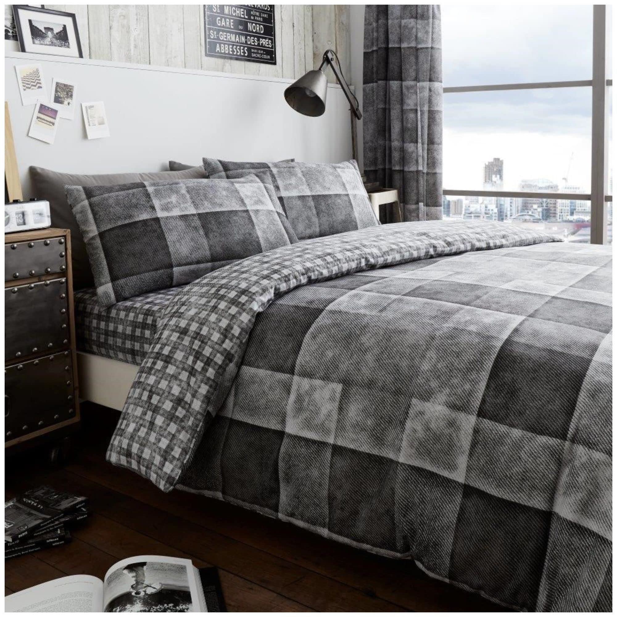 VELVETIO Denim Check Beddings Duvet Cover and Pillowcases, Soft Reversible Tartan Checked Quilt, Breathable Printed Blocks Checkered Lightweight Bed linen Comforter Set, King Size, Grey — image 1