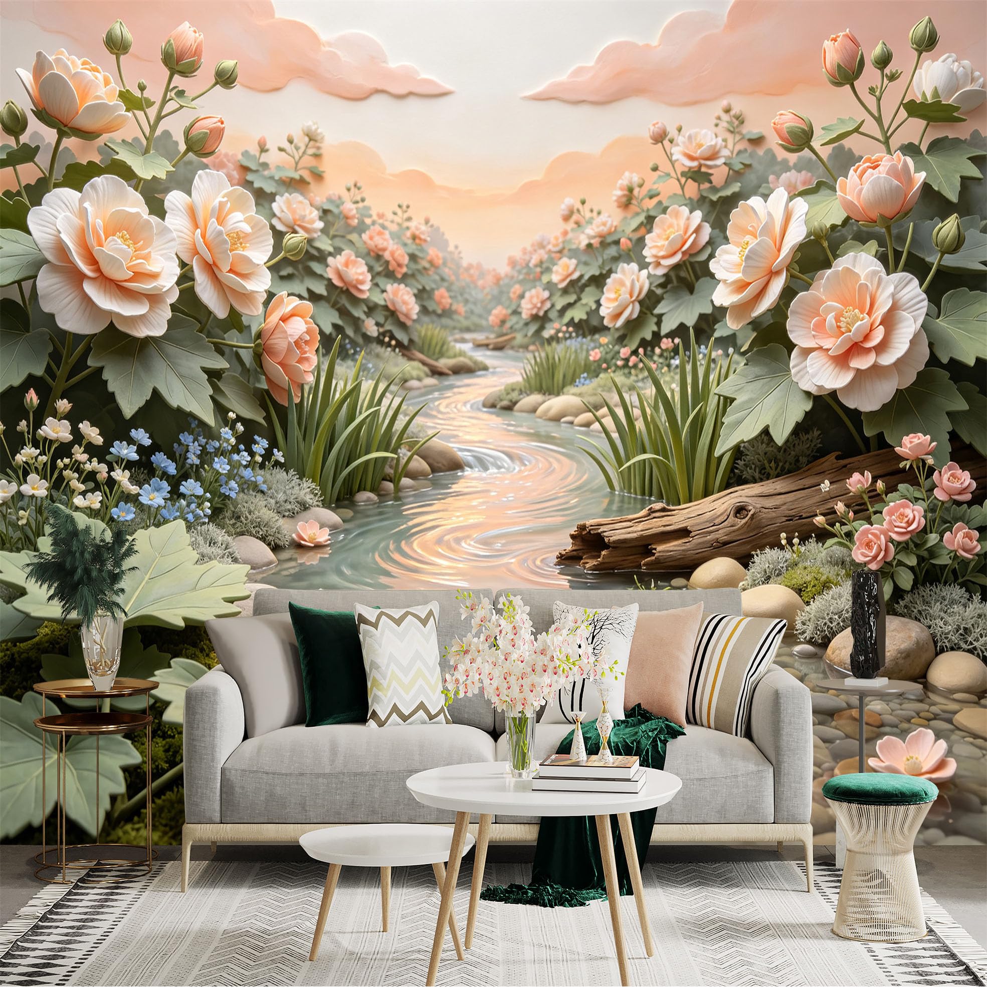 Lnzczhyre Bh260719744 Custom Size Wall Sticker Mural， Soft Peach Blossoms， Serene Flowing Stream， Peaceful Garden Scenery， For Wall Decoration， Peelandstick Wall Decals.