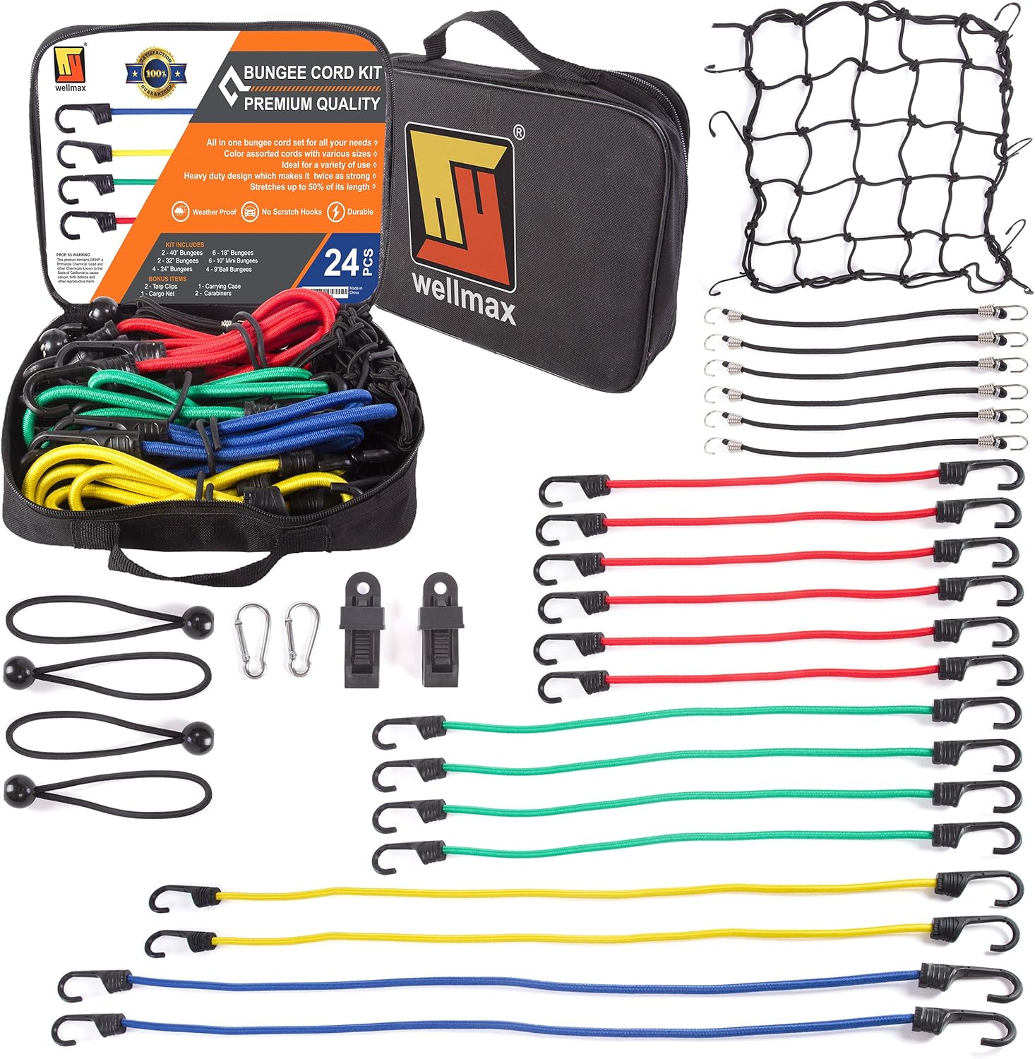 Wellmax 32-Piece Premium Bungee Cord Set with Heavy-Duty Hooks & Extras