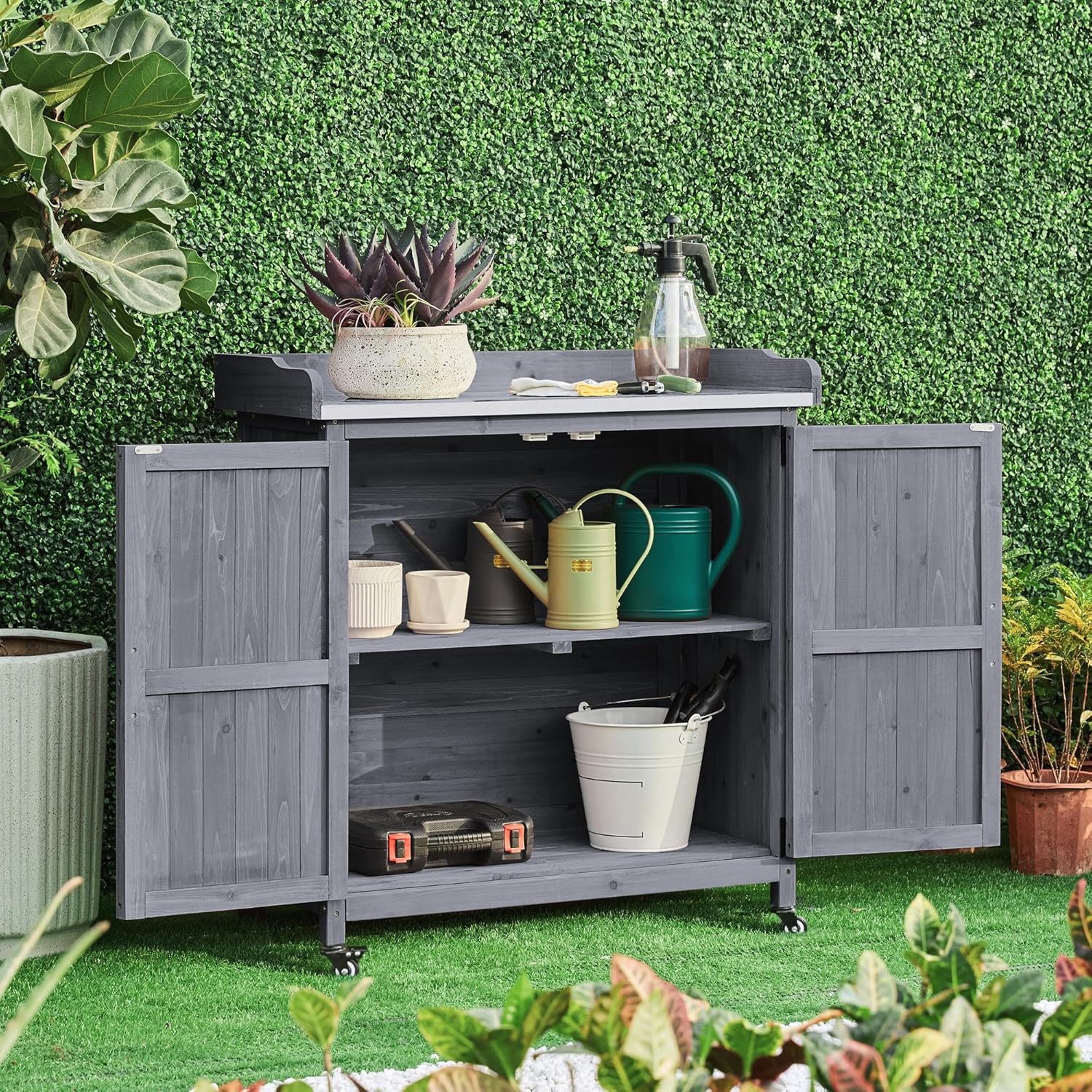 Yaheetech Garden Potting Bench Table, Outdoor Garden Horticultural Wooden Storage Cabinet & Solid Wood Planting Work Bench with Large Space Storage & Metal-Plated Tabletop, Gray