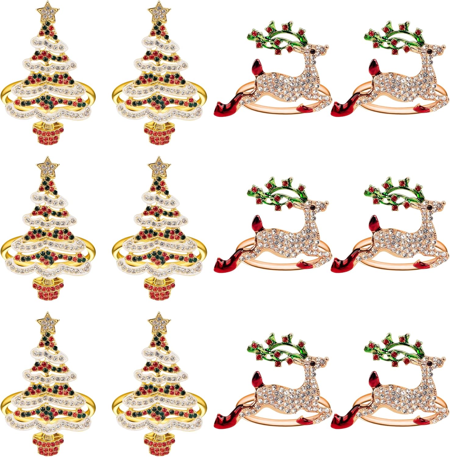 Homotte Gold Napkin Rings with Bling Set of 12, Various Christmas Elements Holders for Thanksgiving Table Decorations, Banquet, Daily Receptions