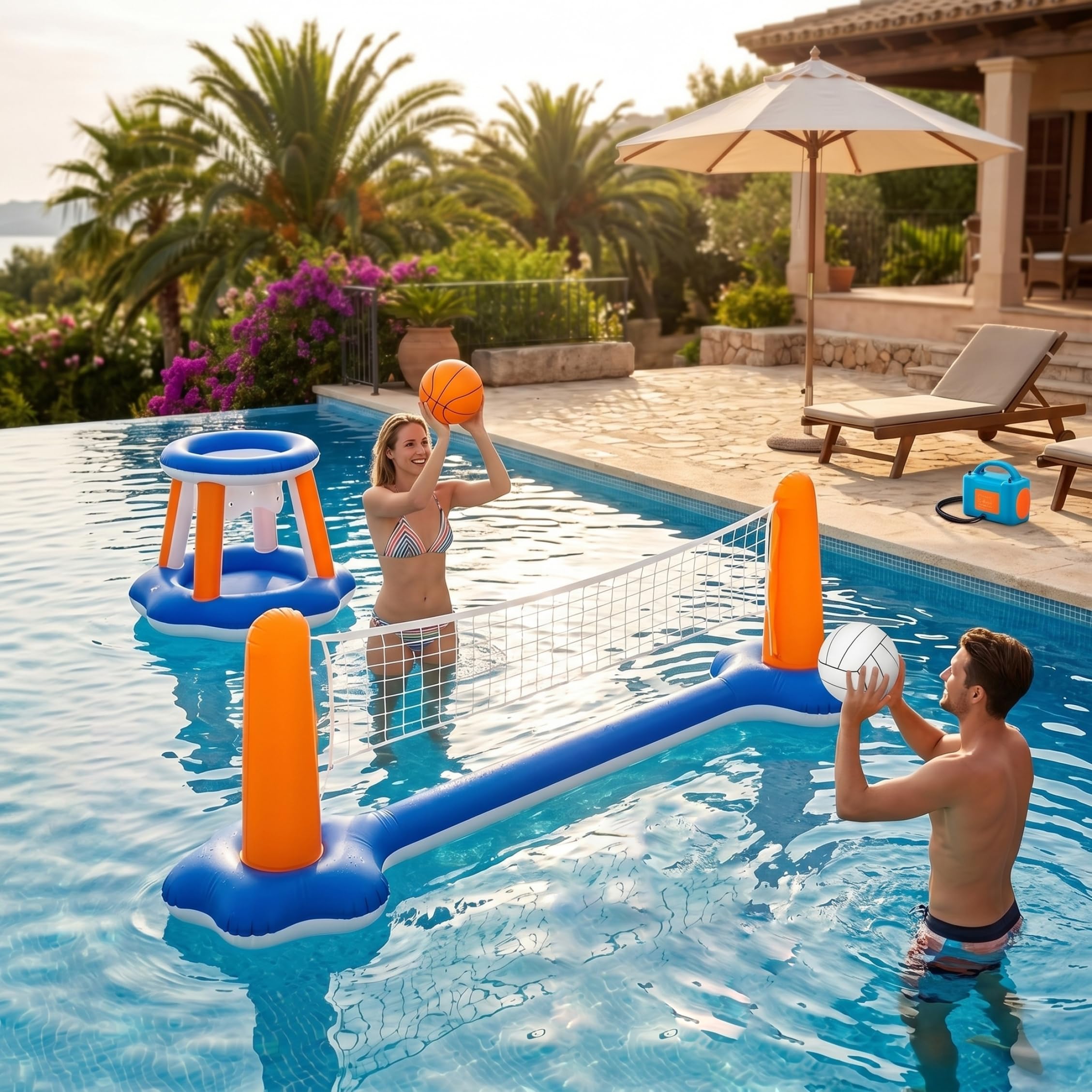 Pool-Volleyballnetz und Pool-Basketballnetz-Set, schwimmendes aufblasbares Wasserspiel mit 2 Bällen, Sommer-Spielzeug für drinnen und draußen, für Erwachsene, Familien, Teenager