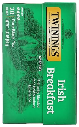 Twinings Irish Breakfast Tea, Robust and Flavourful Caffeinated Black Tea Bags Individually Wrapped, 20 Count