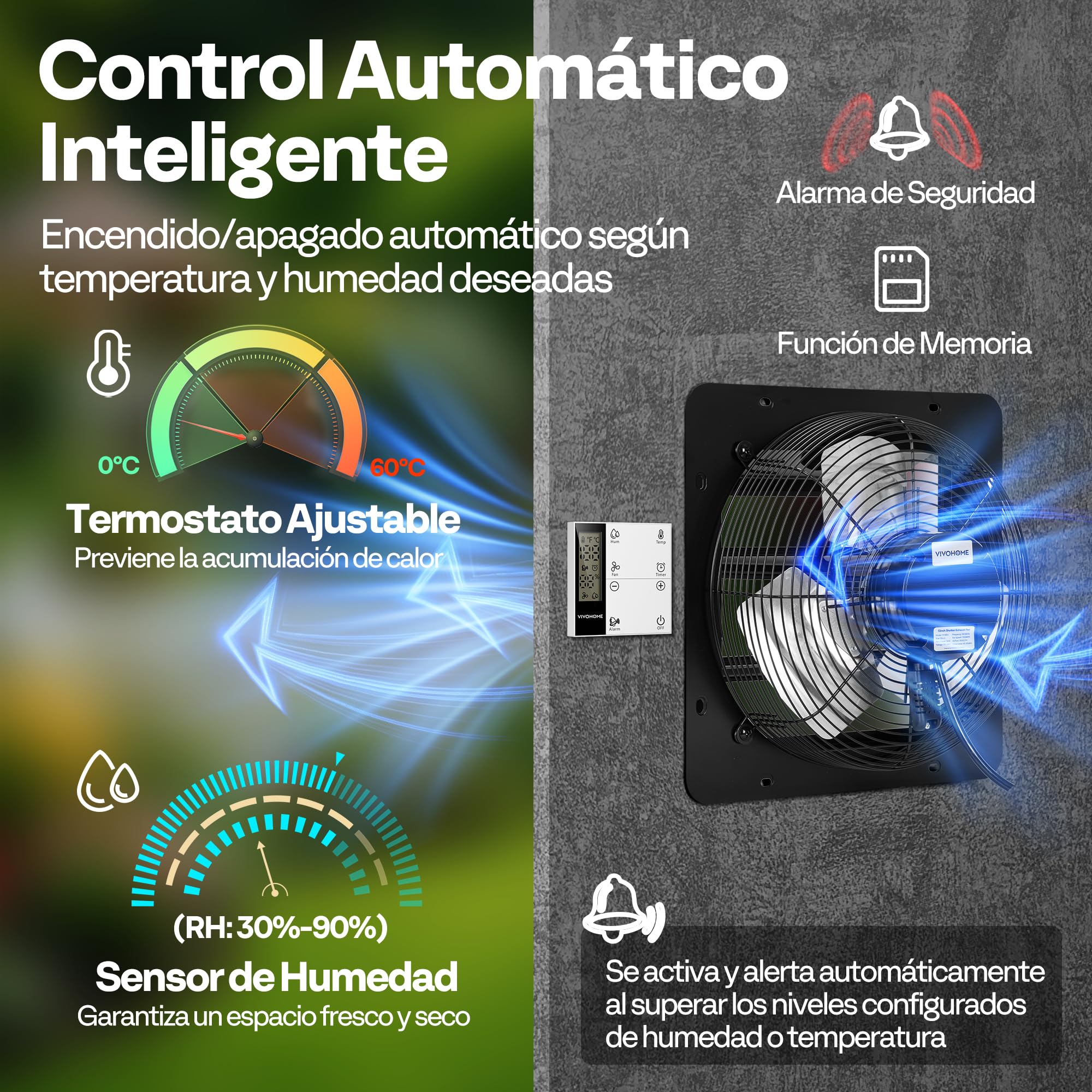 VIVOHOME 300mm Ventilador Extractor de Aire 1305m³/h con Motor EC Temporizador Controlador de Temperatura y Humedad Industrial para Invernadero Sótano Garaje Cocina