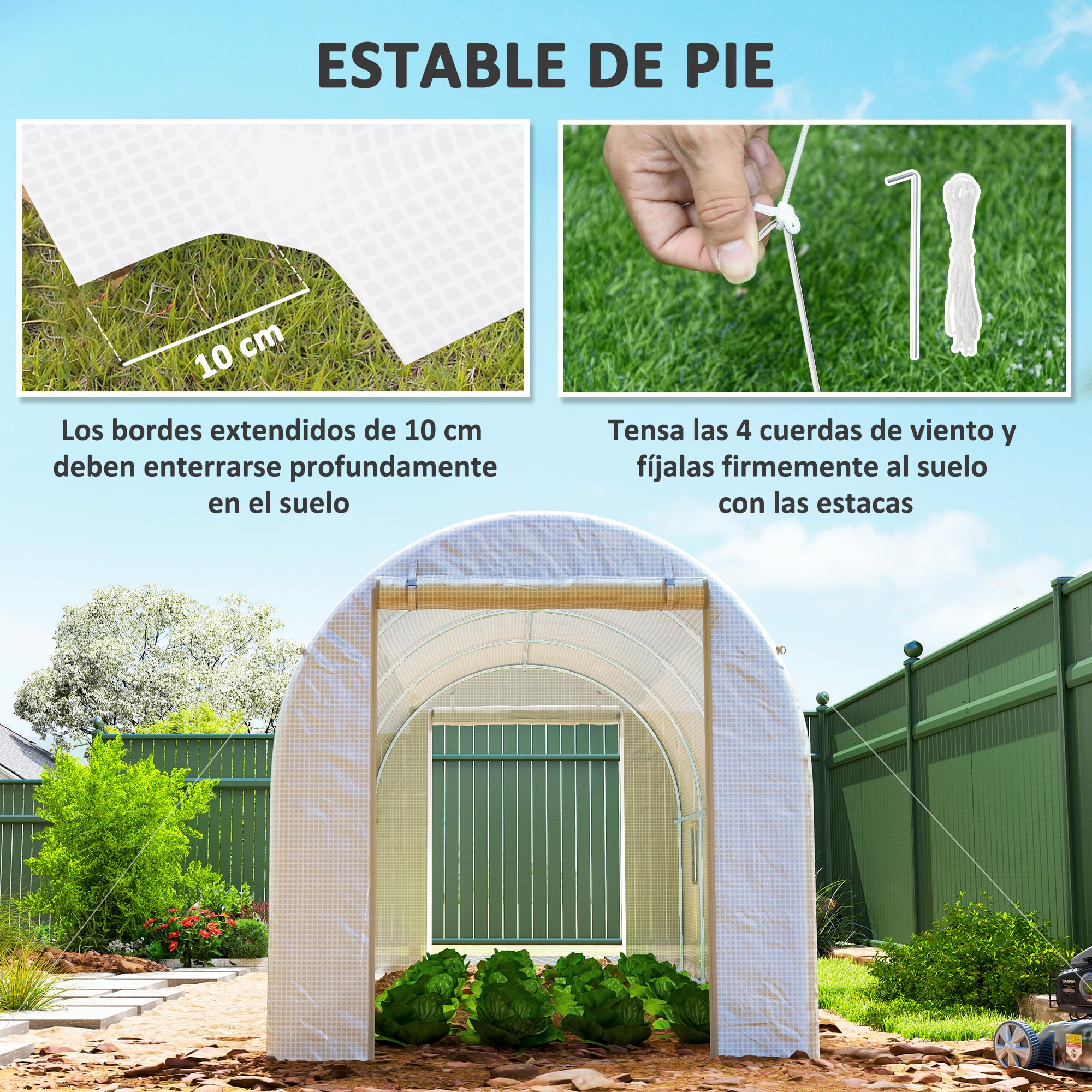 Outsunny Invernadero de Túnel 500x200x205 cm Invernadero de Jardín con Puerta Enrollable y 8 Ventanas Cubierta PE 140 g/m² Marco de Metal para Cultivo Plantas Verduras Blanco