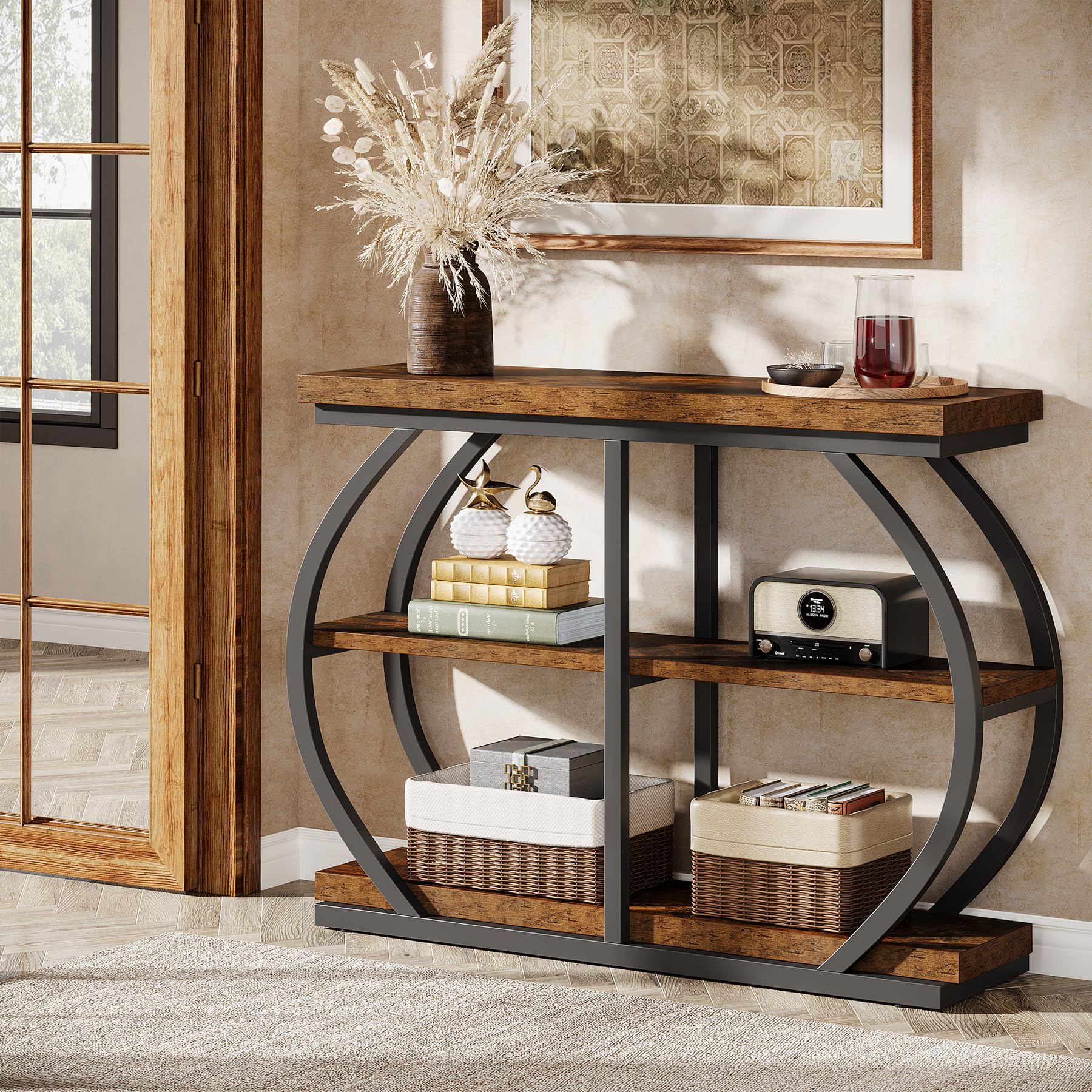 Tribesigns Table console 105 cm, table d’entrée industrielle à 3 niveaux avec structure métallique incurvée et espaces de rangement pour le salon et le couloir, brun