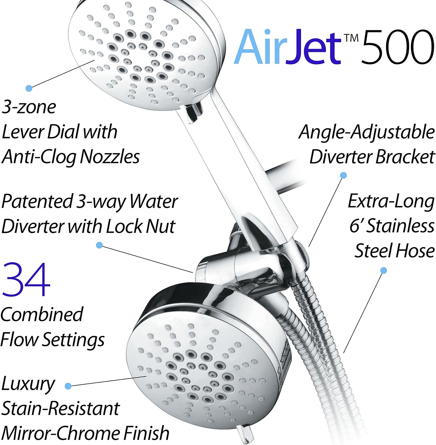 AirJet-500 3-in-1 High Pressure 34-setting Luxury Shower Combo with High-Velocity Flow Accelerator(TM) for More Power with Less Water! Extra-long 6 foot Stainless Steel Hose. All-Chrome Finish image 3