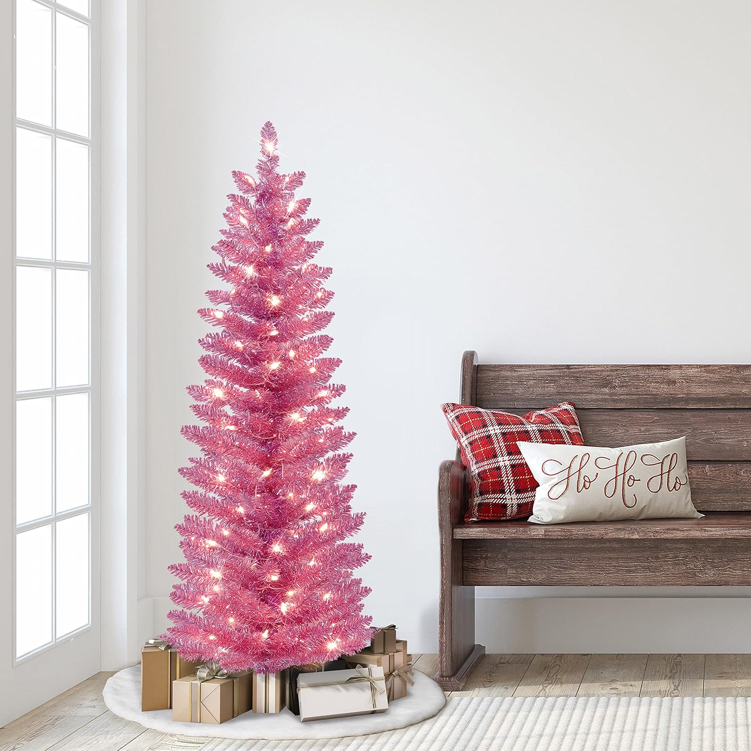 Puleo International 4.5 ft Pre-Lit Pink Tinsel Artificial Tree