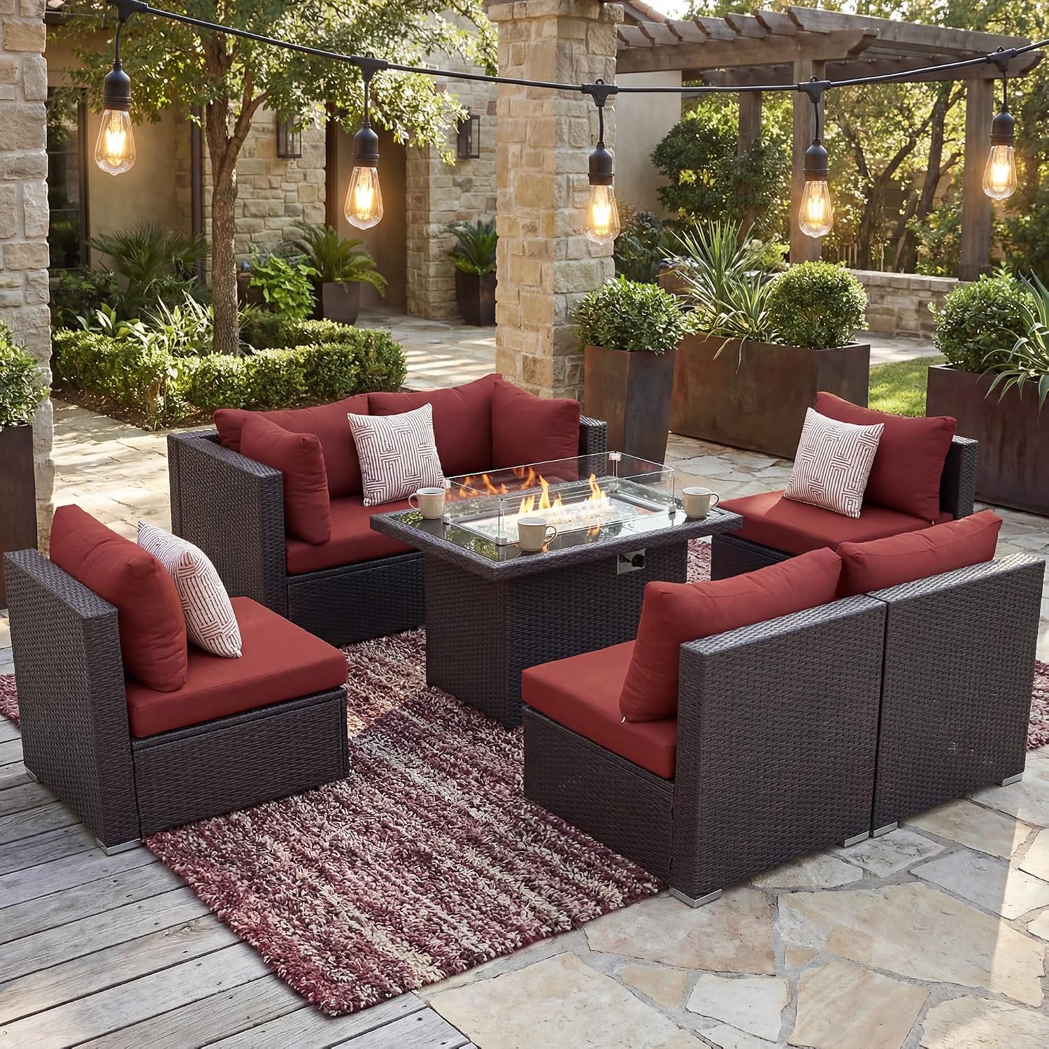 BULEXYARD 7-Piece Outdoor Patio Furniture Set with Propane/Natural Gas Fire Pit Table, Comfortable High-Back Sectional Couch Sofa, All-Weather Heavy Duty Backyard Seating, Brown Rattan & Red Cushion
