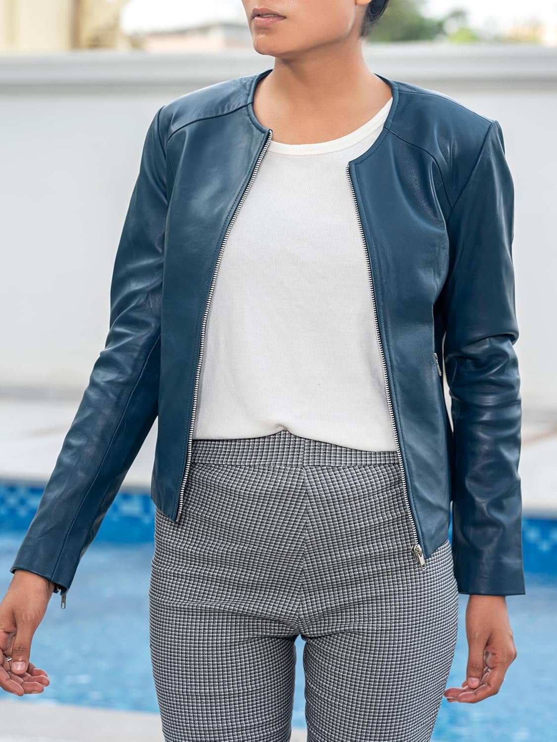 Jild Stylish Collarless Leather Jacket Women – Slim Fit Elegant Style Womens Lightweight Lambskin Leather Jacket - Image 2