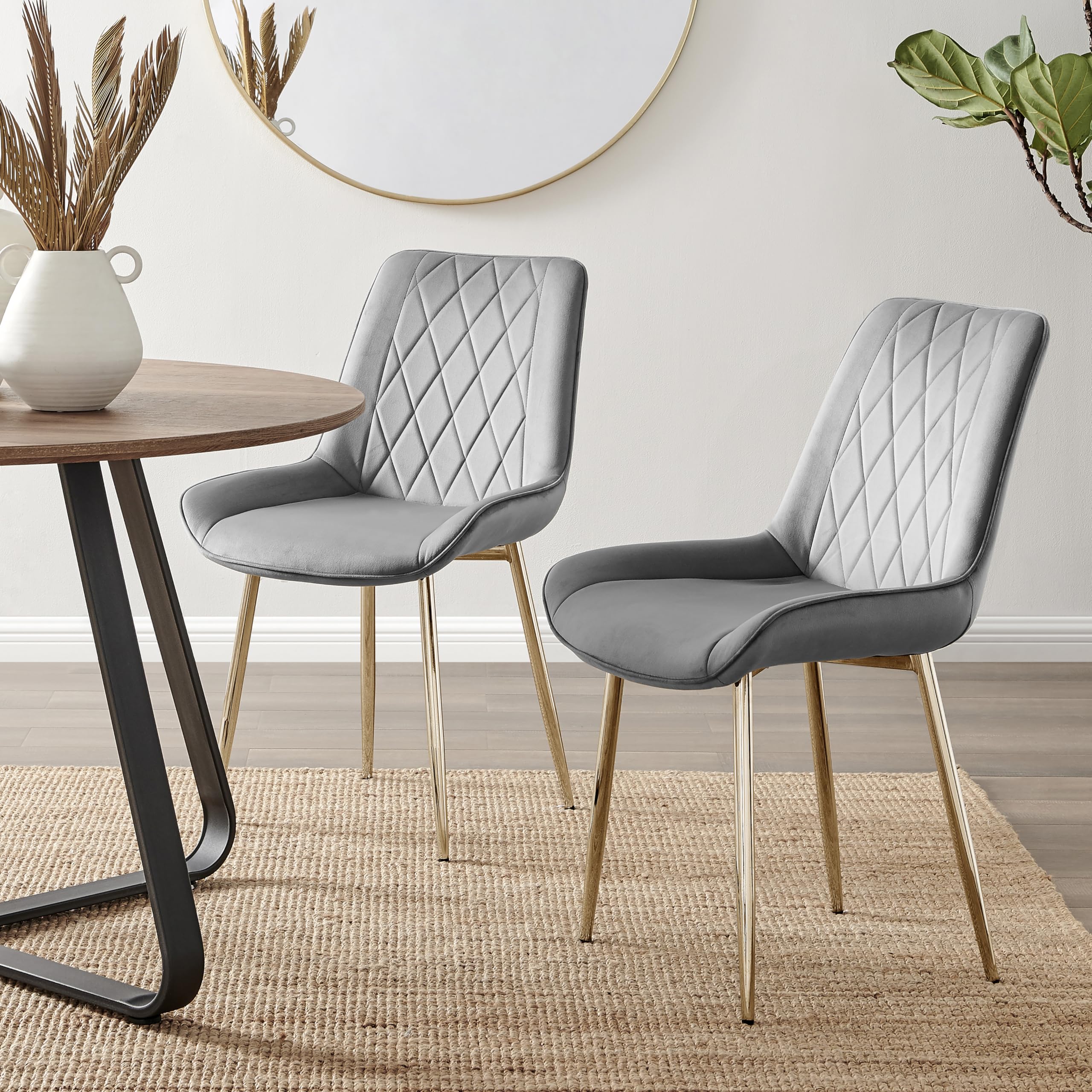 Furniturebox UK 2x Pesaro Velvet Gold Chrome Metal Leg Modern Contemporary Luxury Dining Kitchen Chairs Set (2x Grey Pesaro Gold Chairs)