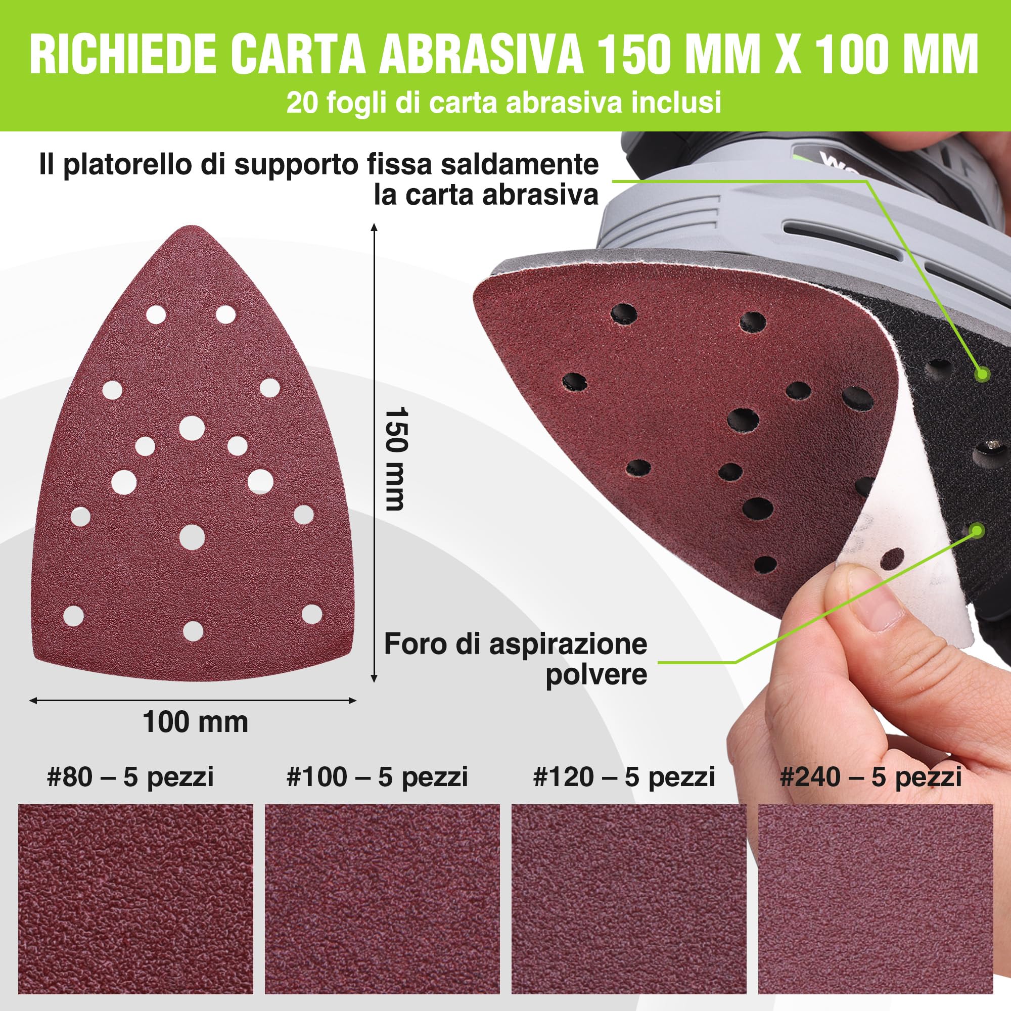 WORKPRO Levigatrice Delta 130W, 13.000 giri/min, con aspirazione polvere e 20 fogli abrasivi. Compatta e potente, ideale per levigare legno, metallo e angoli, perfetta per lavori di precisione