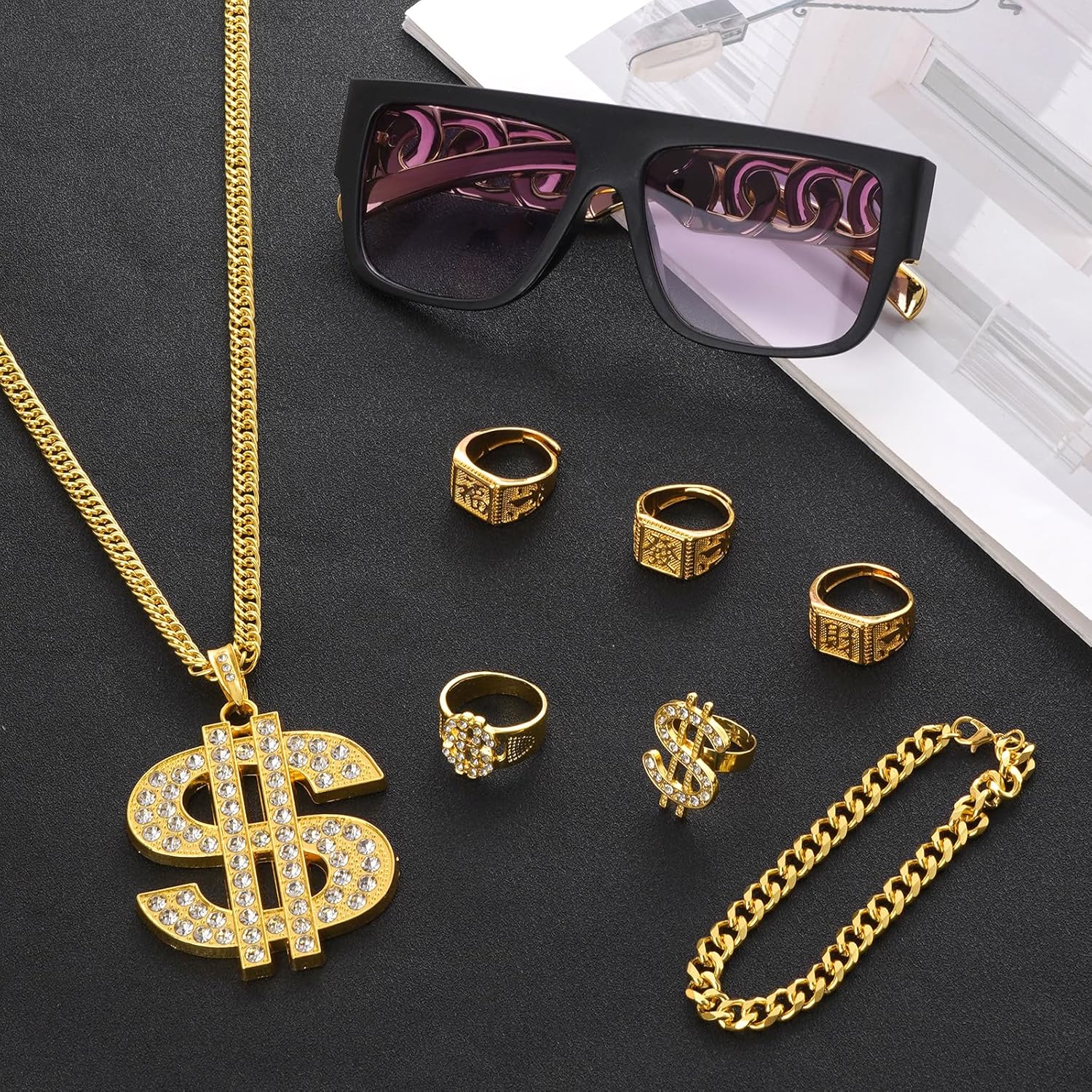 9 Pack 80s 90s Hip Hop Costumes Kit for Men, Gold Old School Rapper Sunglasses, Fake Gold Chain, Dollar Sign Ring&Chain, Bucket Hat Halloween Party Outfits Accessories - Image 4