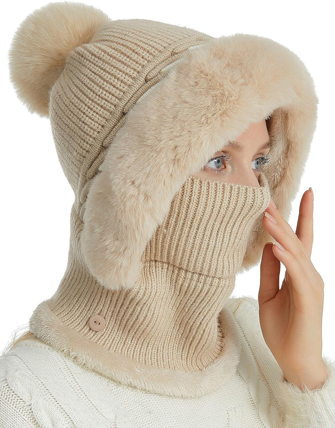 Aivtalk Women Winter One Piece Hooded Scarf Beanie Knit Hats Slouchy Warm Fleece Balaclava Scarf Mask Set