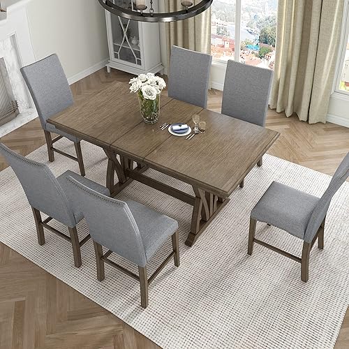 Mid-Century - Juego de mesa de comedor de 7 piezas con mesa extensible y 6 sillas ergonómicas acolchadas, juego de comedor para 6, mesa de comedor