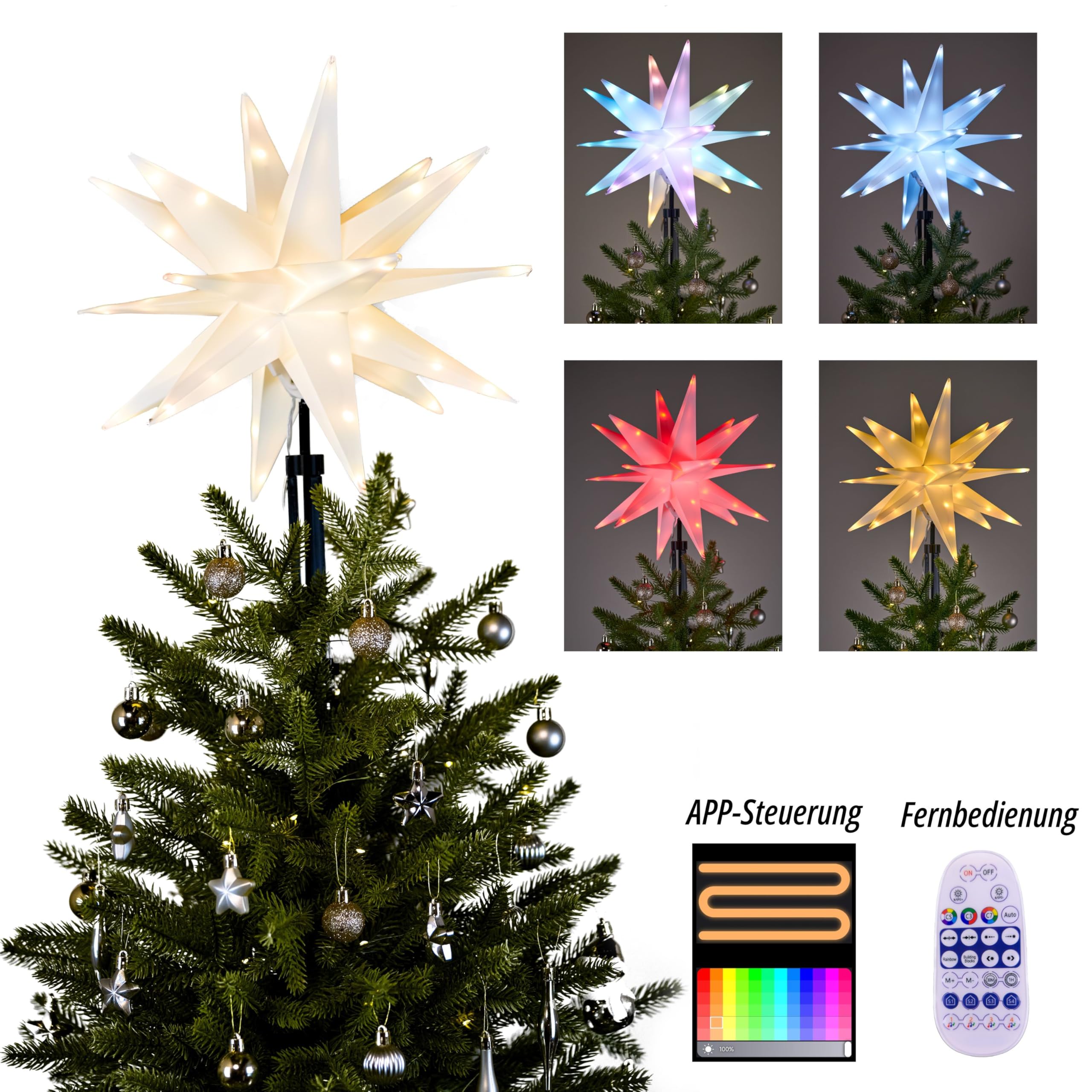 Cyraft Intelligent und Vielseitig Aufhängbarer Herrnhuter Stern, Christbaumspitze Stern Beleuchtet, 40cm Weihnachtsbaum Decoration mit Fernbedienung, LED Christmas Star Tree Topper