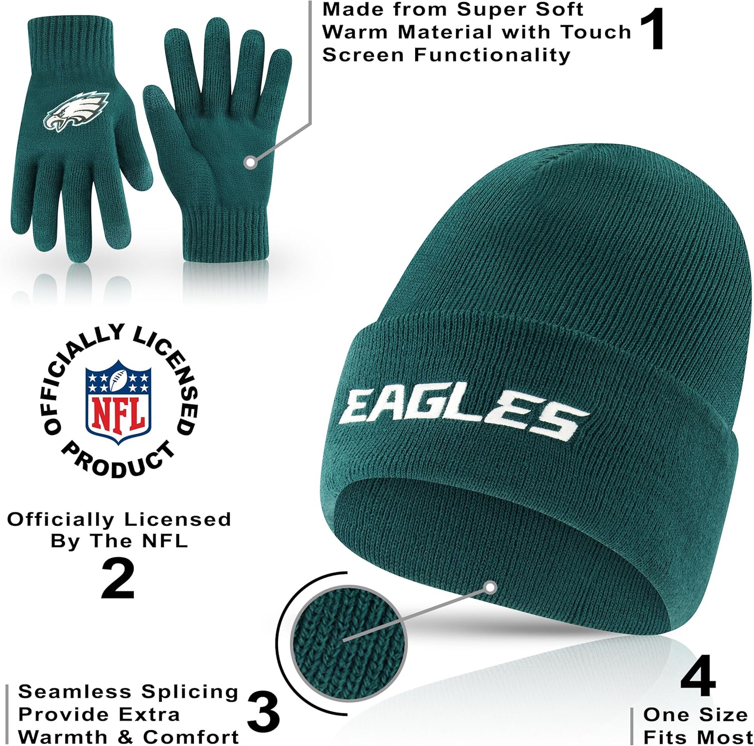 Ultra Game Youth NFL Official 2 Pack Super Soft Winter Beanie Knit Hats with Warm Touch Screen Gloves - Boys & Girls