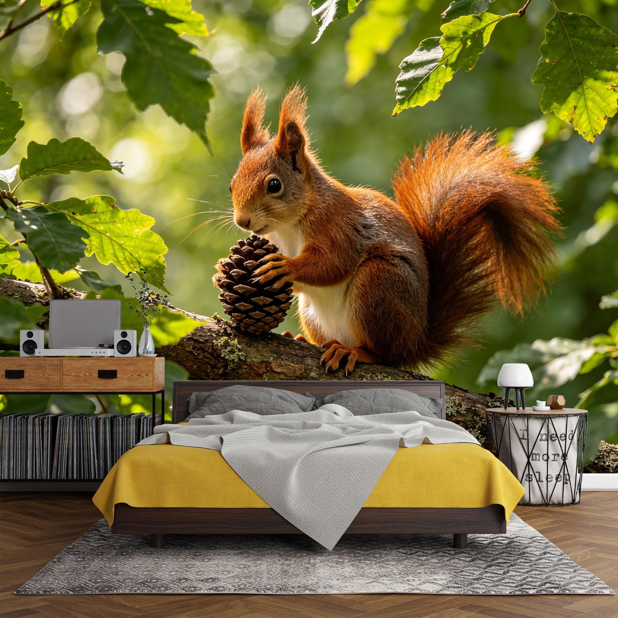 Custom Size Wall Mural， Forest Squirrel Pinecone Nature Wildlife Green Leaves，SelfAdhesive Art Prints wall Fabric (No PVC) Removable Wallpaper Living Room Decor