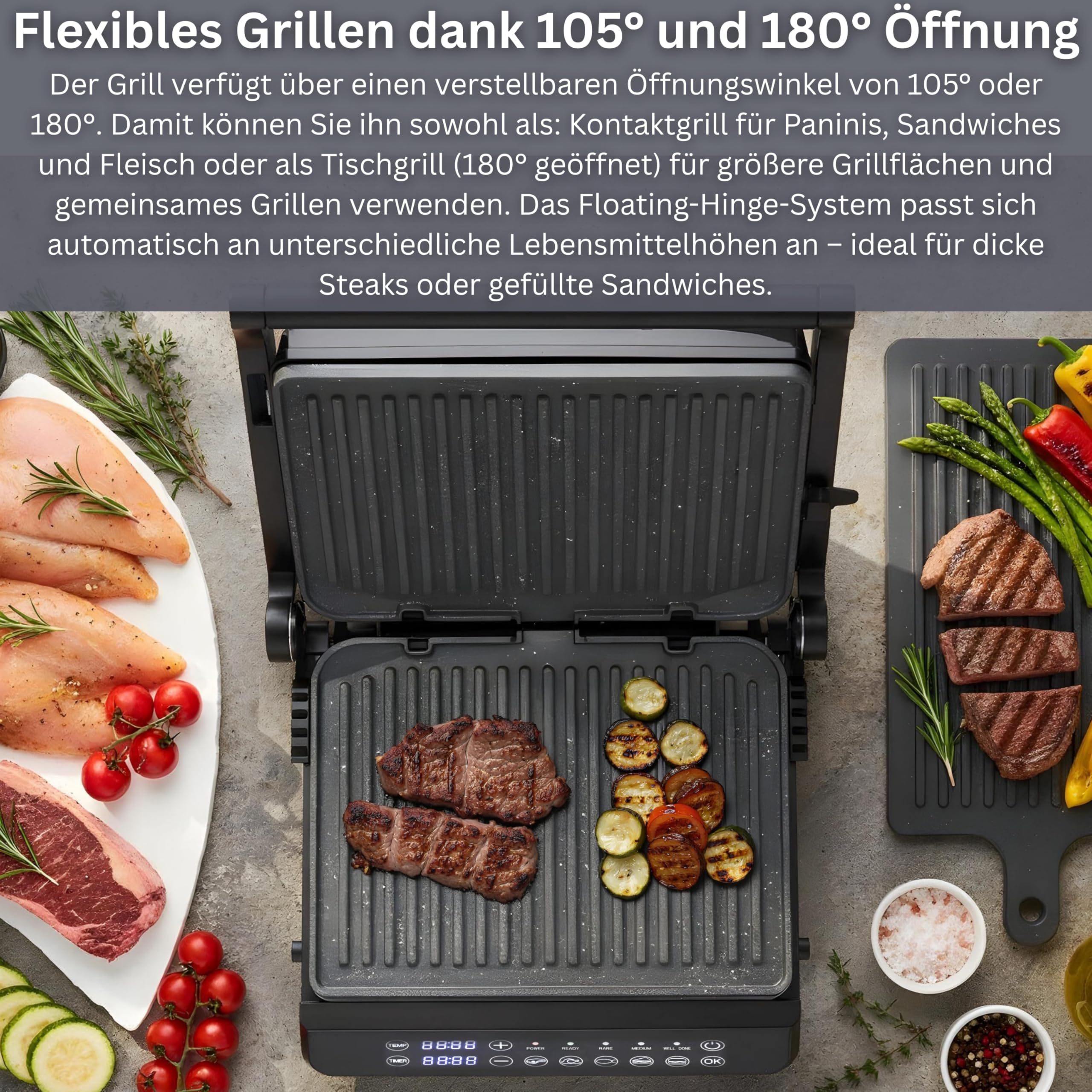 Zilan Digitaler Kontaktgrill abnehmbare Platten spülmaschinengeeignet 2000W Touch Bedienung, 5 Programme elektrischer Grill - Tischgrill - Temperatur- & Timeranzeige - Panini-, Sandwich- & Steakgrill