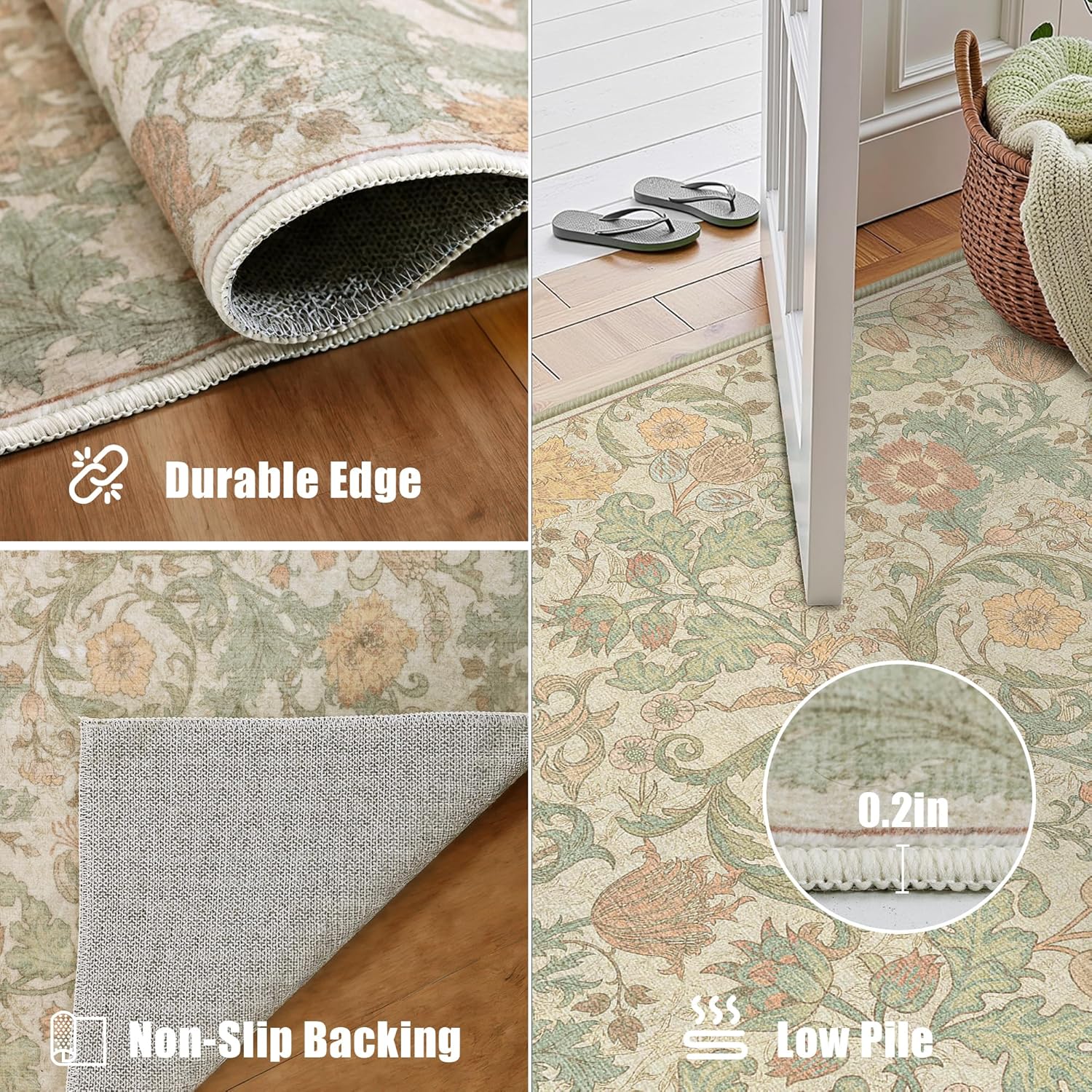 Beige Pink Floral Area Rug 5x7 for Living Room, Washable Vintage Farmhouse Botanical Rug, Non Slip Low Pile Thin Floor Carpet, Soft Decorative Rug for Bedroom Dining Room Home Office