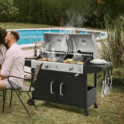 Miniatura 10 de Royal Gourmet ZH3002N - Parrilla de gas propano y carbón combinada, parrilla de barbacoa de combustible dual con 2 estantes laterales para barbacoa