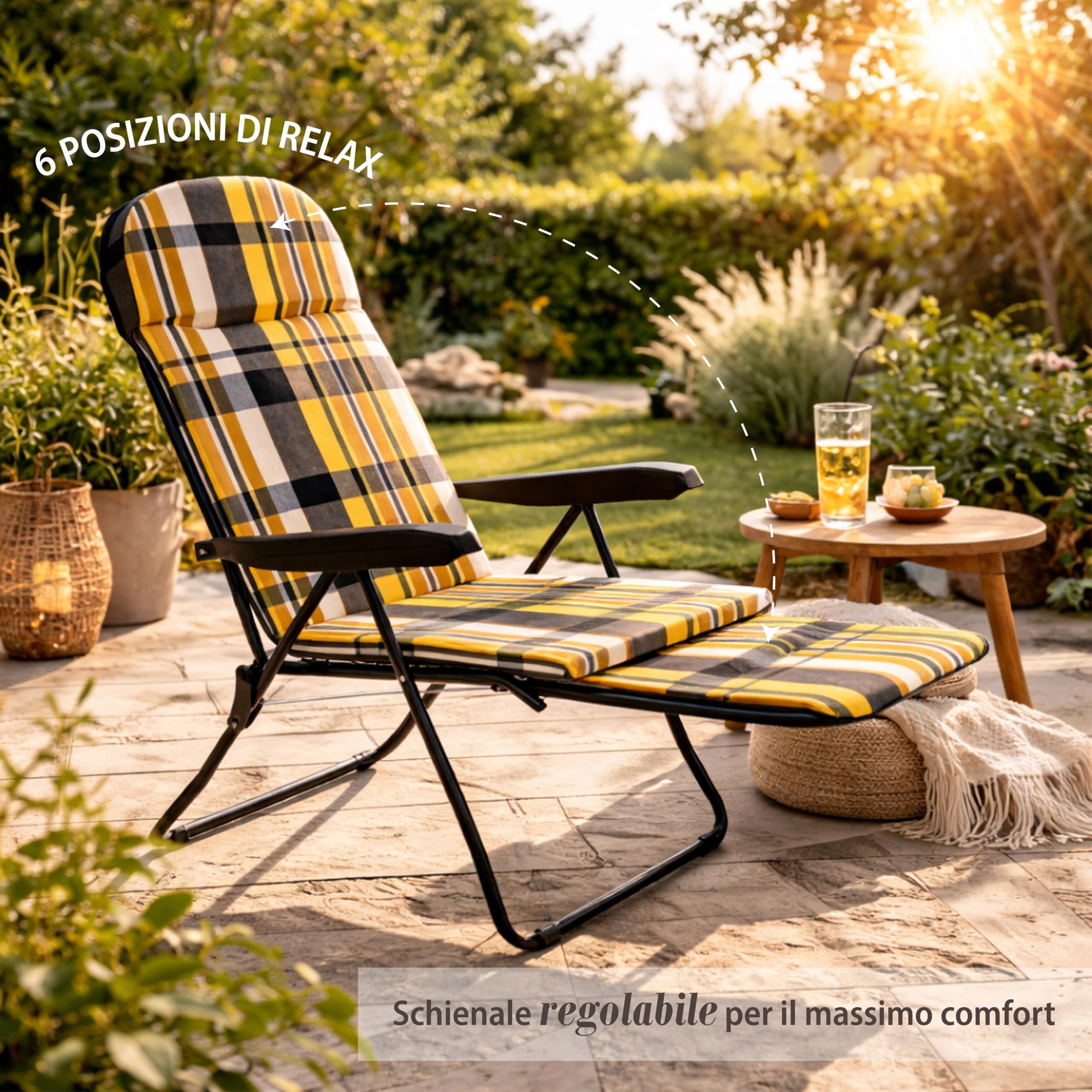 MA MAISON Sdraio Reclinabile Imbottita 166X60X63 cm - 6 Posizioni, con Prolunga Estraibile, Braccioli Ergonomici, Struttura in Acciaio, per Interno, Esterno - Made in Italy RIGHE GIALLO
