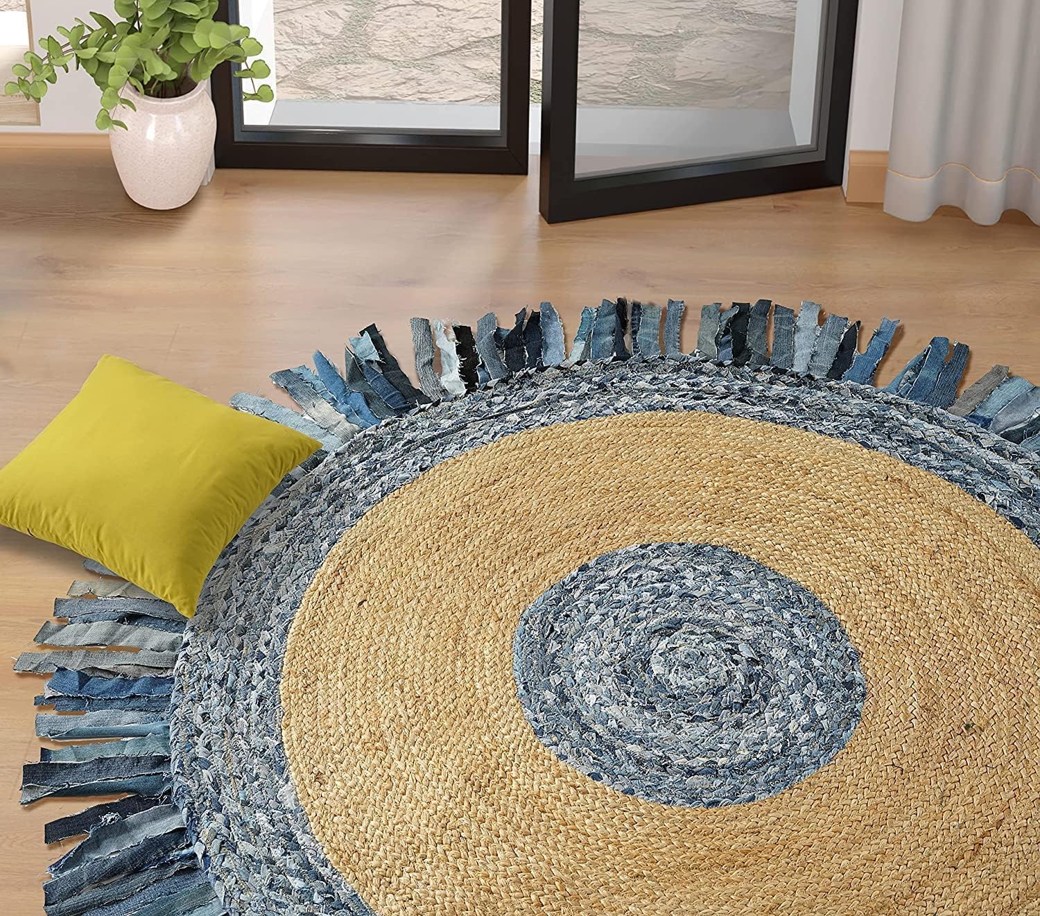 GRUHUM Jute Area Rug 6ft Natural Fiber Cotton Denim Blue Fringes Round Handmade Boho Soft Braided Rustic Vintage Farmhouse Rugs Indoor EcoFriendly Kitchen Bedroom Living Hallways Enterways 6'ft Round 6' (Round) Blue & Natural - 34