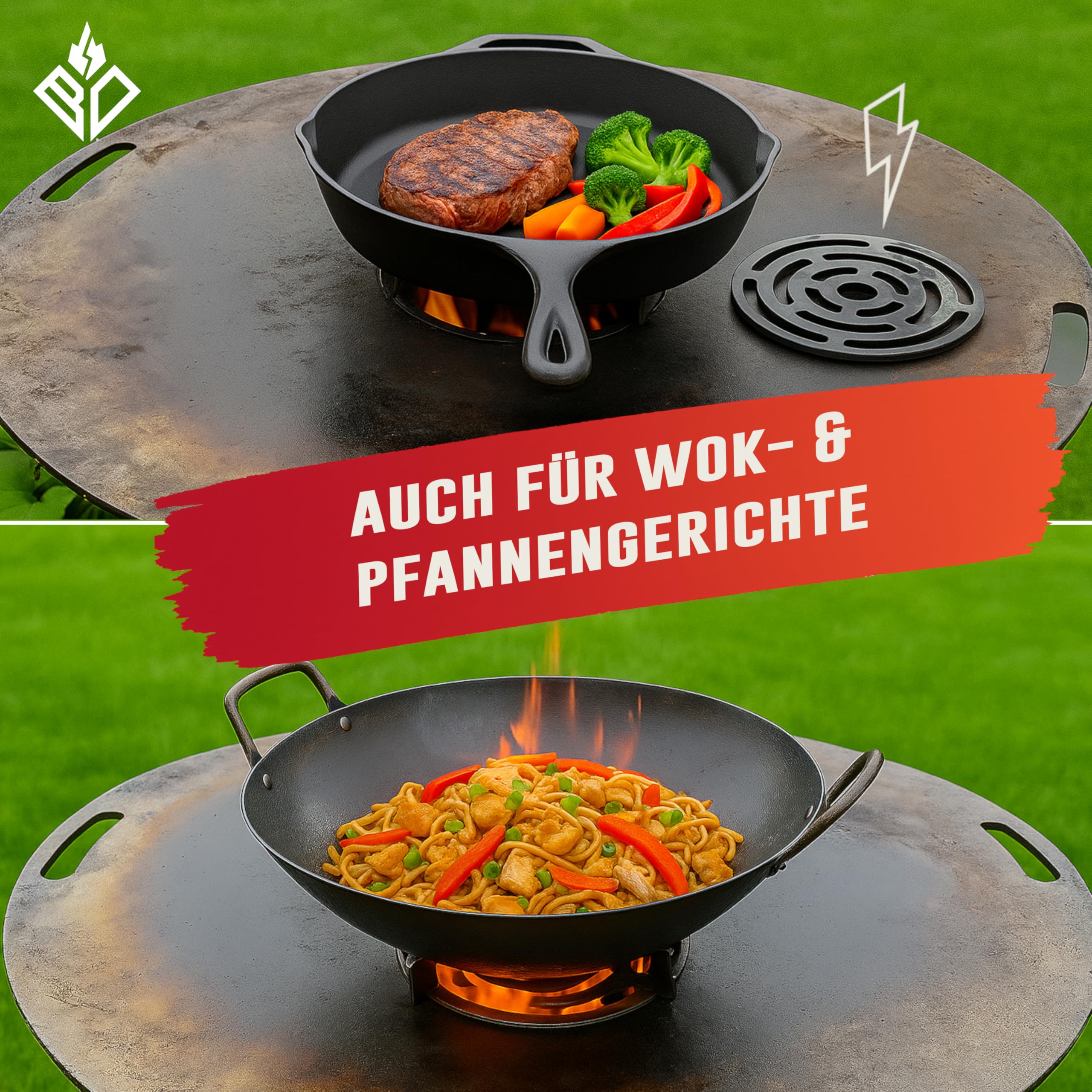 Feuerplatte für Feuertonne & Kugelgrill ⌀ 80cm (Made IN Europe) aus legiertem Stahl (6mm Stärke) - Grillplatte & Grillaufsatz (rund) mit Feuerloch & Handgriffe - BBQ Grillring