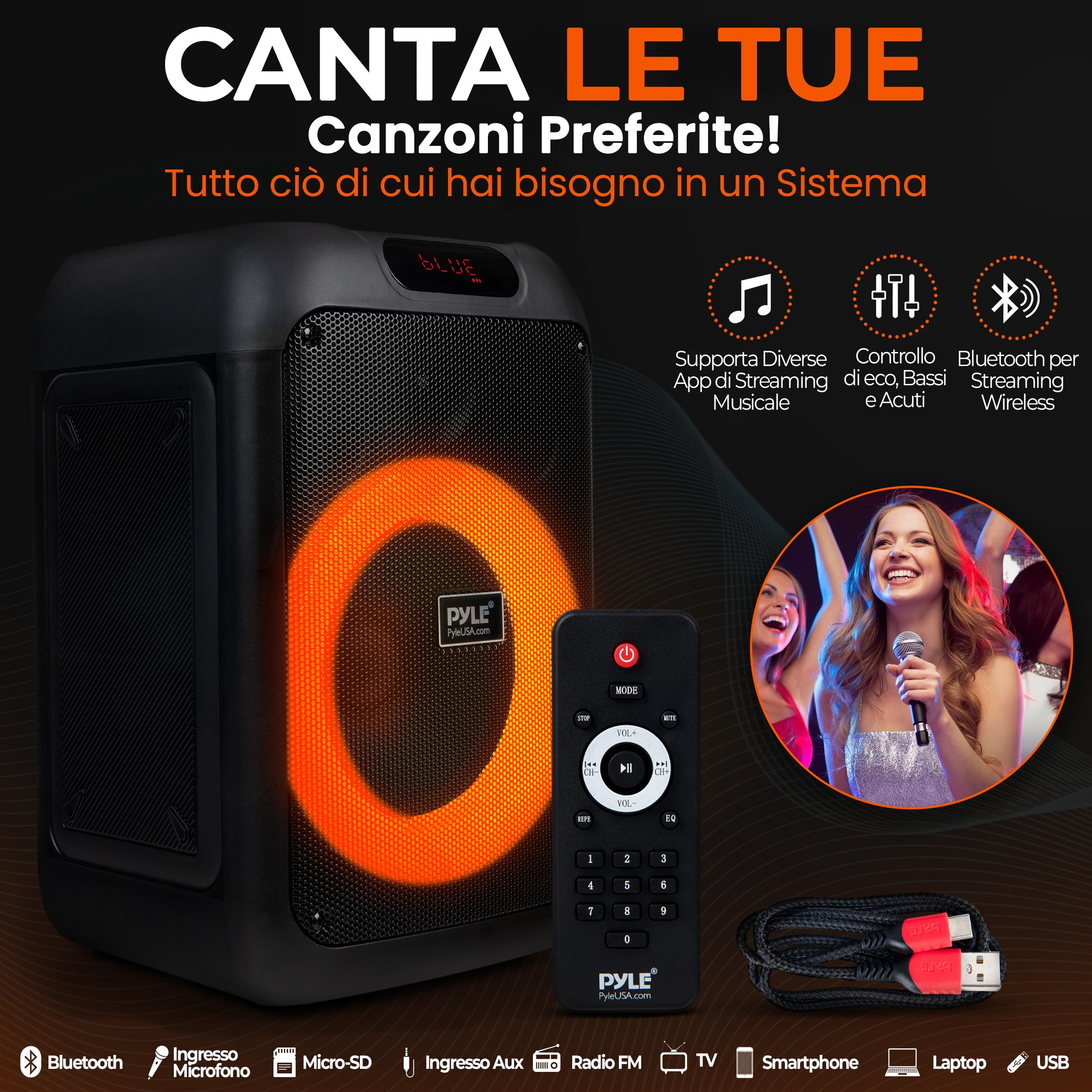 Pyle Cassa Bluetooth Potente, Sistema Stereo Wireless, Altoparlante Bluetooth Portatile con Bassi Potenti e Alti Chiari, 100 Watt