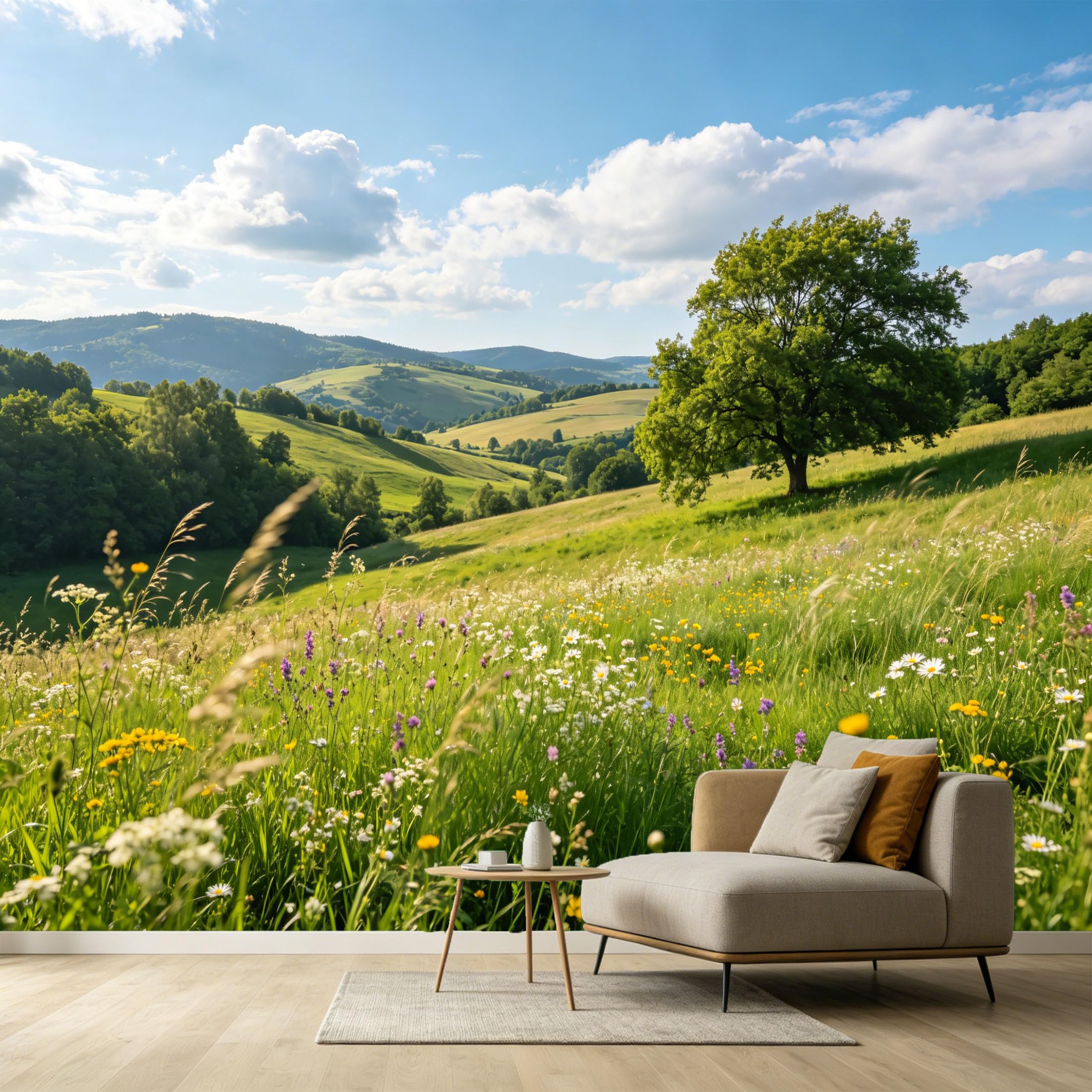 Custom Size Wall Murals Summer Meadow Landscape Rolling Hills Wildflower Fields Panoramic View SelfAdhesive Wall Fabric Removable Large Wallpaper for Photo Living Room