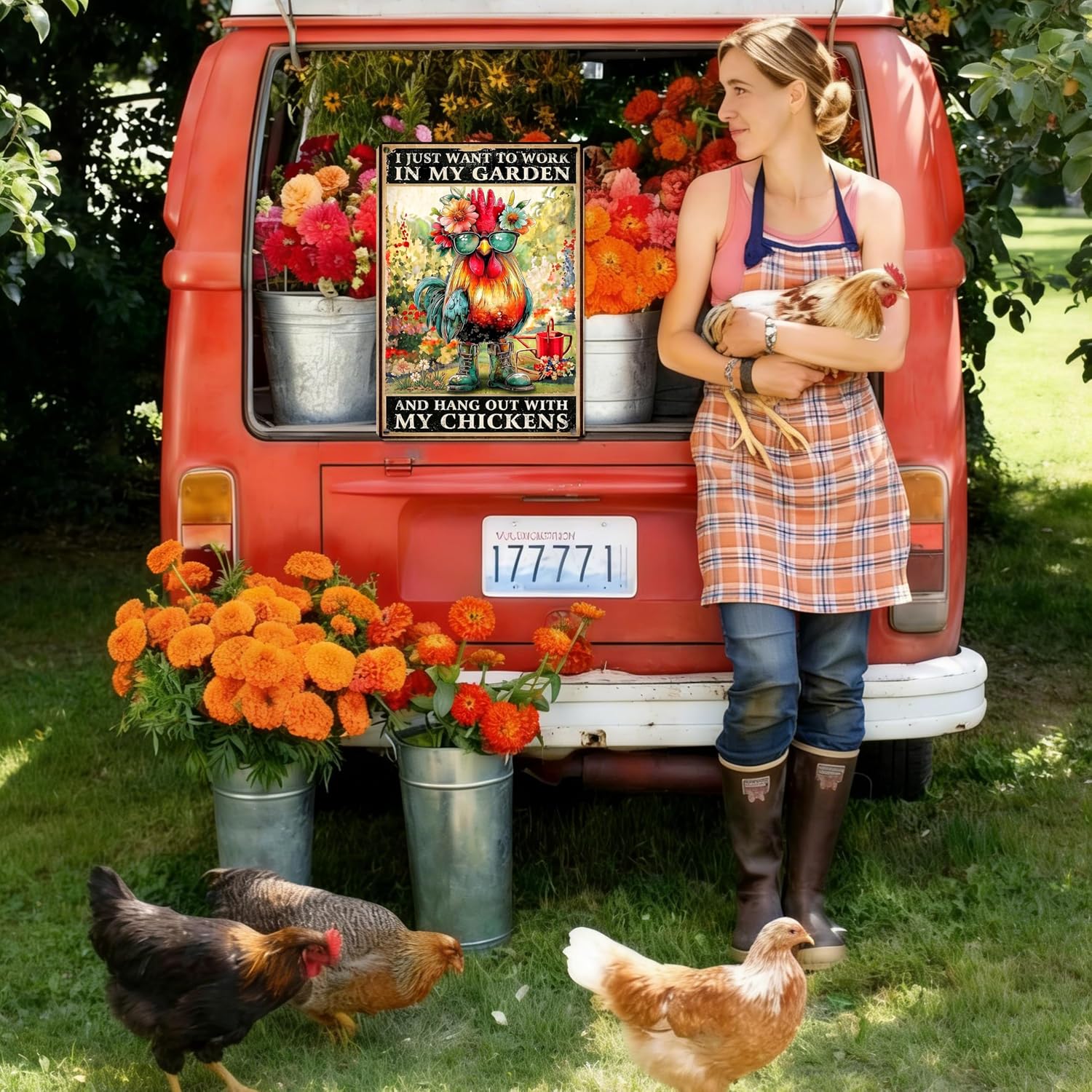 Funny Chicken Garden Decor, "I Just Want to Work in My Garden and Hang Out with My Chickens" Metal Sign, Gardener Gifts for Women, Patio Signs, Outdoor Yard Art 8×12 Inch image 2