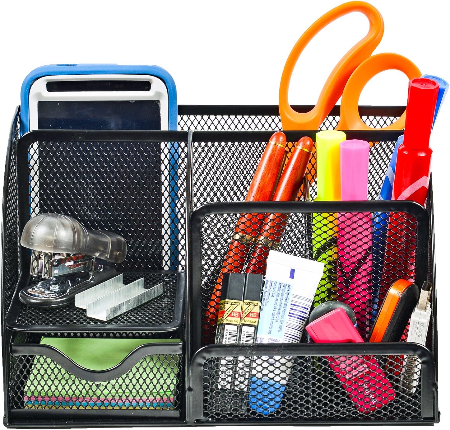 CoFads Desk Organizer Wire Mesh 6 Compartment with Additional Drawer, Office Supplies Caddy, Bonus Pack of 100 Sticky Notes Included, Color Black.