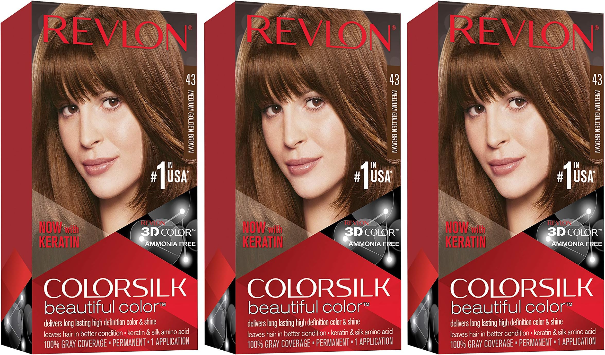Permanent Hair Color, Permanent Hair Dye, Colorsilk with 100% Gray Coverage, Ammonia-Free, Keratin and Amino Acids, 43 Medium Golden Brown, 4.4 Oz (Pack of 3)