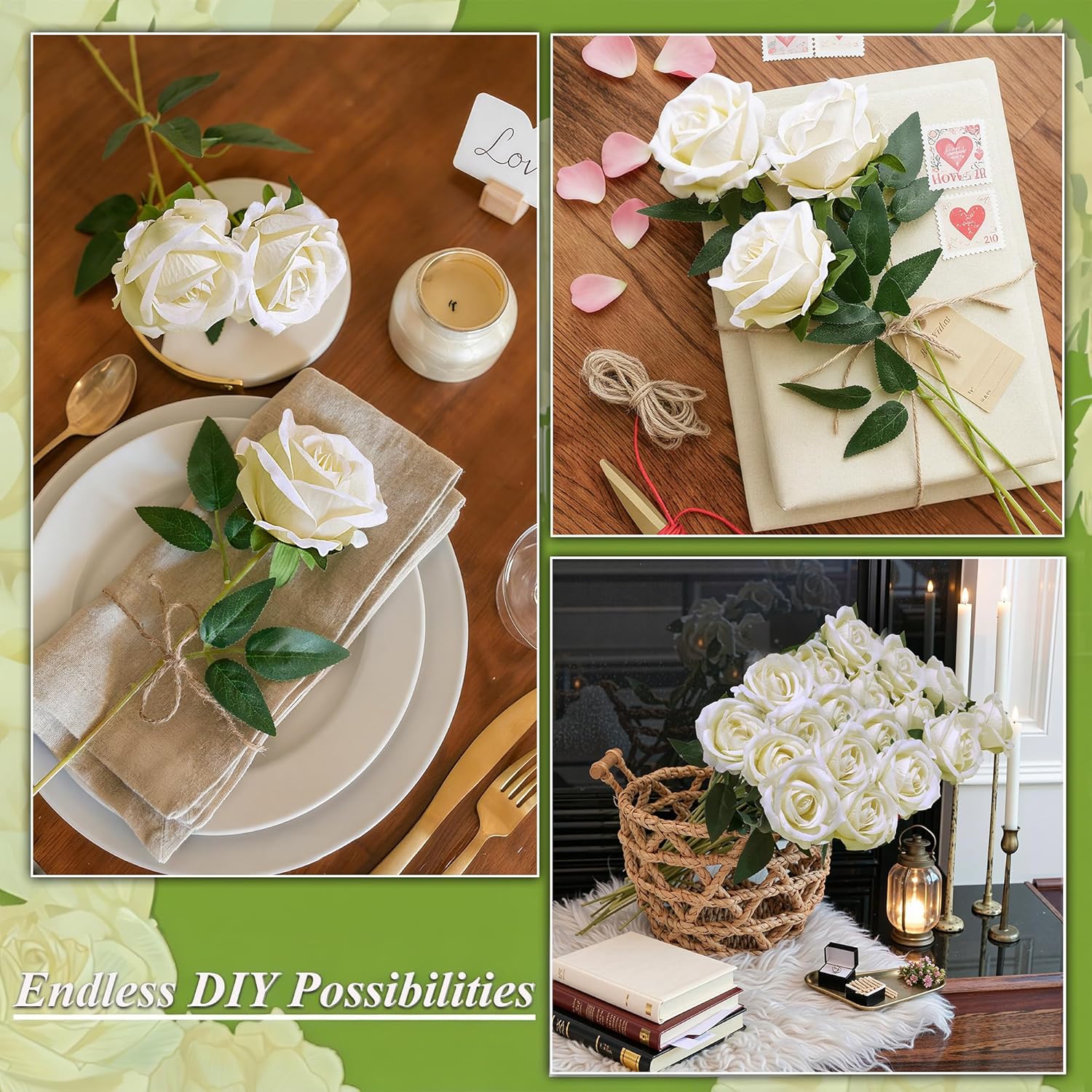 50 PCS Ivory Roses Artificial Flowers, Fake Roses with Stem Realistic Silk Roses for DIY Wedding Bouquets Tables Centerpieces Arrangements Baby Shower Birthday Home Decor Valentine's Day Gift for Her