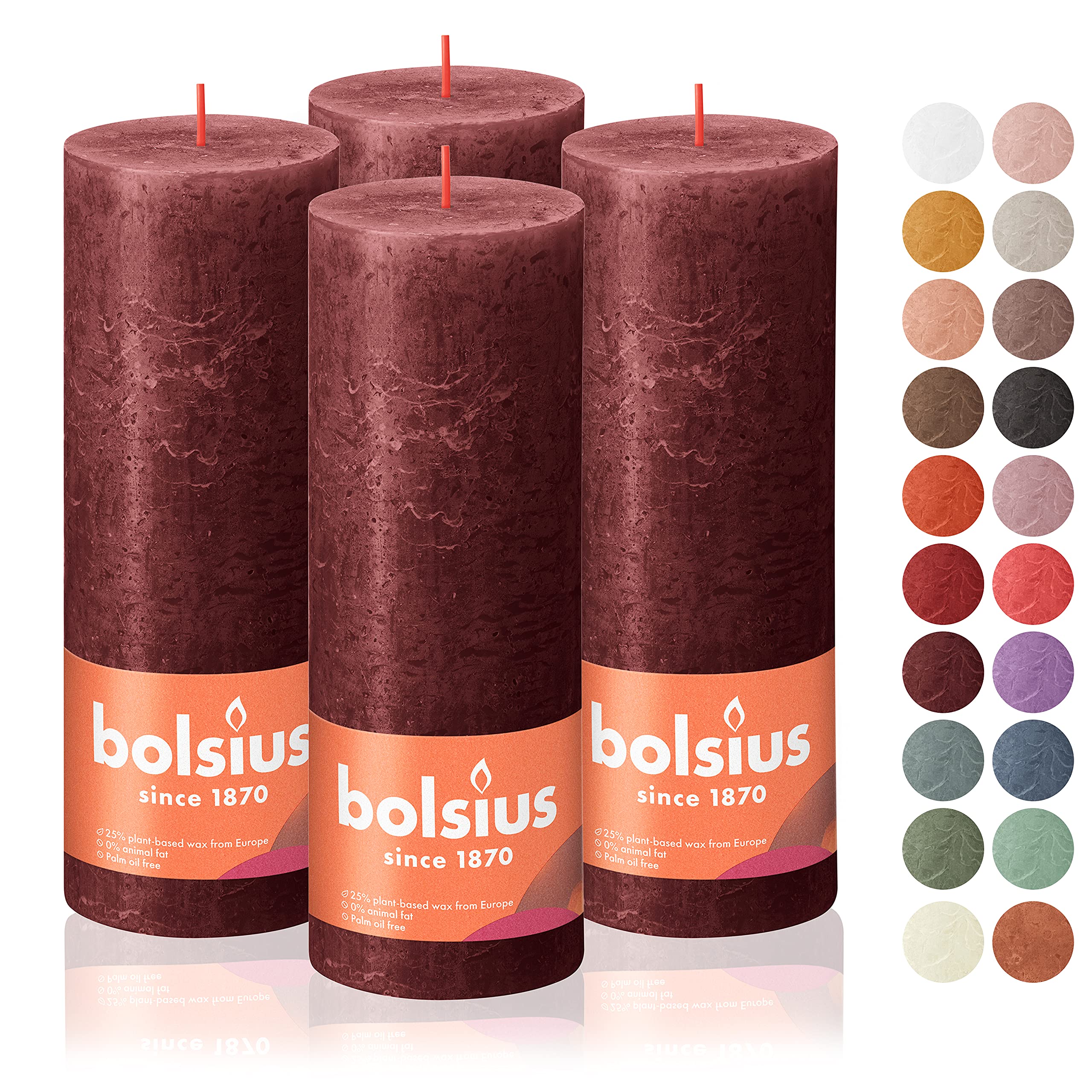BOLSIUS 4 Pack Velvet Red Rustic Pillar Candles - 2.75 X 7.5 Inches - Premium European Quality - Includes Natural Plant-Based Wax - Unscented Dripless Smokeless 85 Hour Party Décor Candles