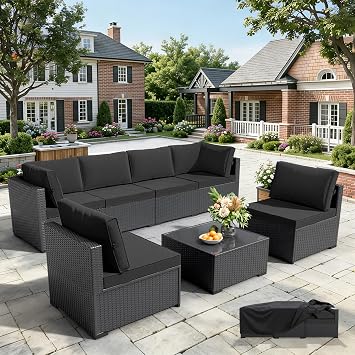 WWR Patio Furniture Set 7 Piece - All-Weather - Wicker Rattan Patio Outdoor Conversation Set, Modular Sectional Sofa for Backyard, Garden, Poolside, Balcony, Porch, Patio, Black/Black