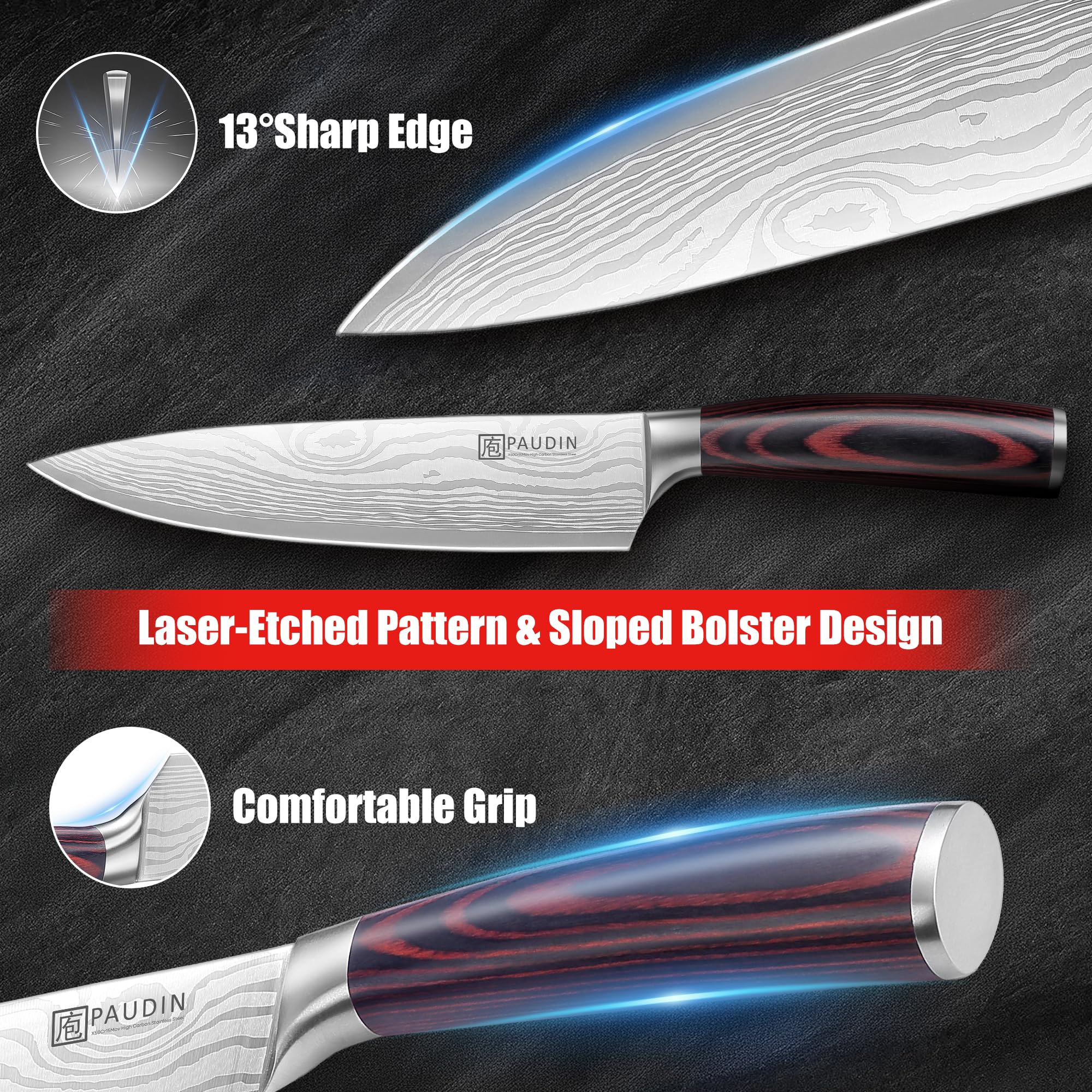 PAUDIN Chef Knife, 8 Inch High Carbon Stainless Steel Sharp Kitchen Knife with Ergonomic Handle, Gift Box for Family & Restaurant — Amazon image 4