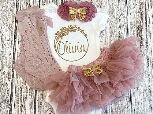 Miniatura 3 de Personalized Baby Girl Outfit with Circular Floral Wreath Design Gold Glitter - Choose Bodysuit size NB to 24M, Add any Name Optional Tutu Bloomer,