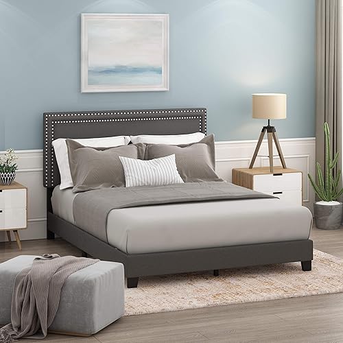 Furinno Laval Double Row Nail Head Upholstered Platform Bed Frame, Queen, Stone