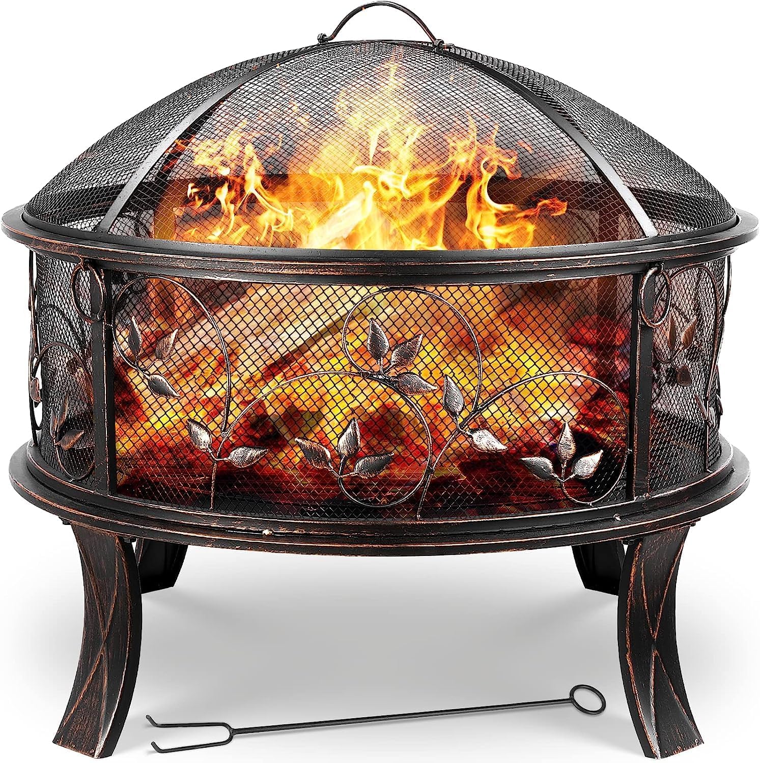 TLGREEN Braciere da giardino, braciere da Esterno con parascintille, stabile, fire pit 71 x 65 cm, con griglia per poker, 4 PCS piede, campeggio, spiaggia, tetto, look retrò, squisito motivo erba