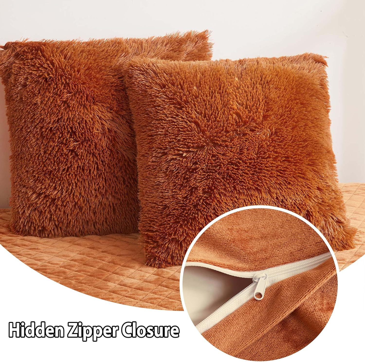 LIFEREVO 2 Pack Fluffy Faux Fur Pillow Shams, 18 x 18 Inches Throw Pillow Covers, Luxury Decorative Furry Pillowcases Cushion Cover for Christmas, Zipper Closure, No Pillow Insert, Burnt Orange - Image 5